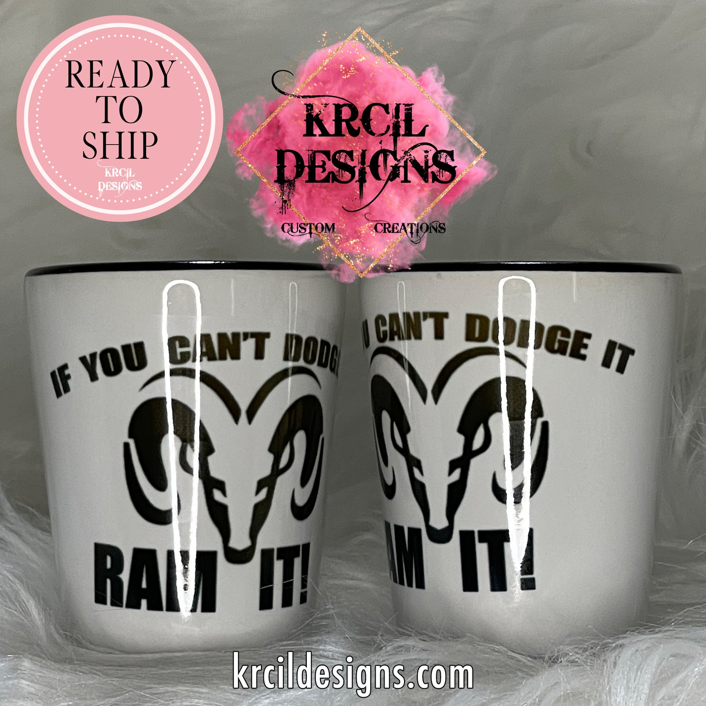 "If You Can't Dodge It, Ram It!" Shot Glass by Krcil Designs | Get ready to toast to the good times with our custom personalized shot glasses, perfect for the man cave. Pair them with your favorite bottle of liquor and put them in a basket for the ultimate gift. Don't forget to add the matching dish cloth tea towel set! Explore our sets and bundles options for gift ideas. Perfect for birthdays and holidays. Two toned, black interior, white exterior, ceramic shot glass. KrcilDesigns.com