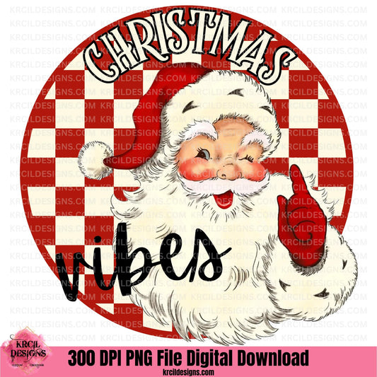 Vintage Santa Claus Christmas Vibes PNG File Digital Download by Krcil Designs | Get in the festive spirit with our Christmas graphic design of a vintage Santa Claus, featuring the words, "CHRISTMAS vibes" wrapped around a jolly Santa, on a vintage checkered red and cream circle background, "CHRISTMAS" is in vintage Christmas cream letters outlined in black and "vibes" is in black handwriting. Download at KrcilDesigns.com