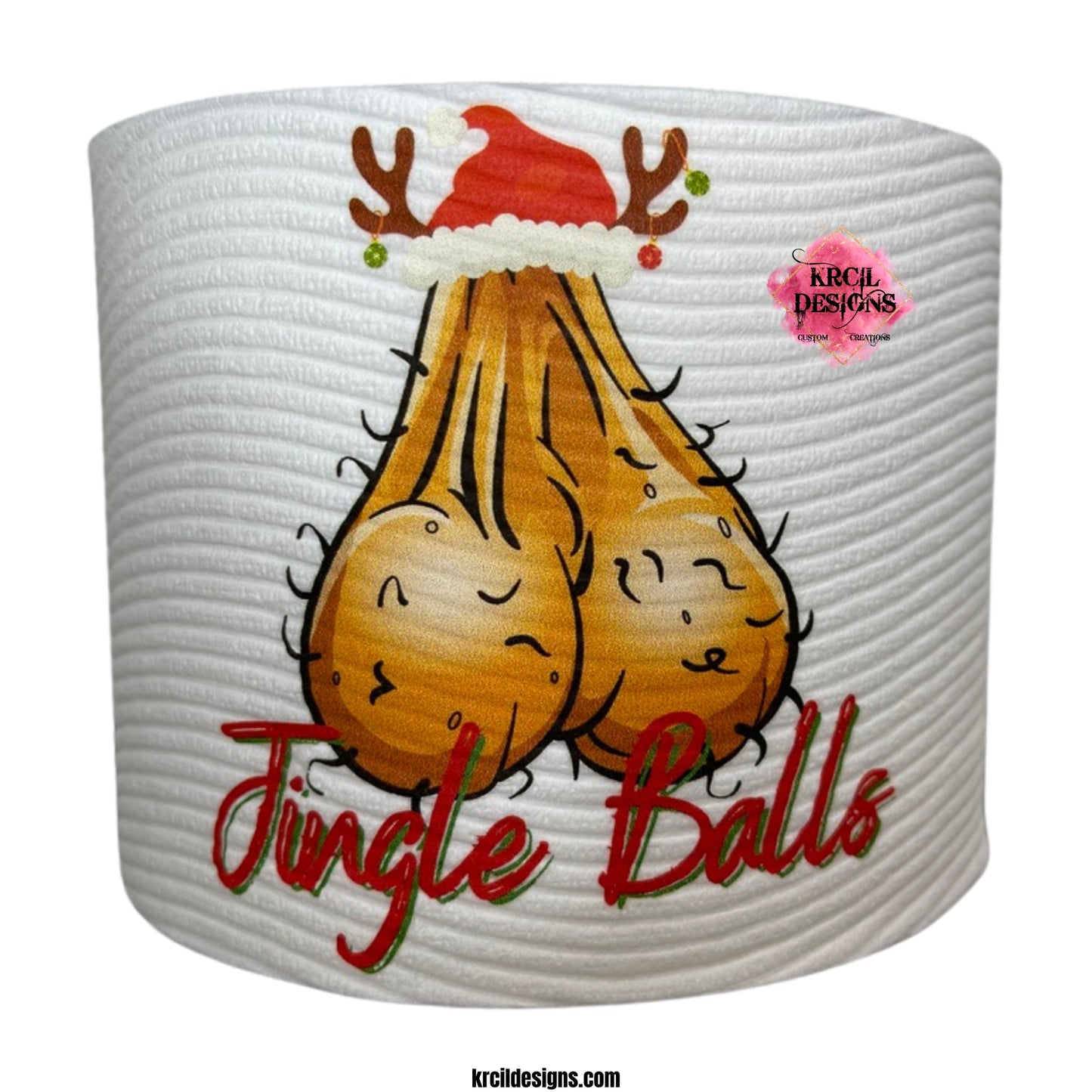 Christmas Funny Novelty Toilet Paper Roll Gag Gift | Ball Sack Jingle Balls Funny Toilet Paper Roll by KrcilDesigns.com | Graphic design on a white toilet paper roll, featuring a hairy ball sack wearing a Santa hat, and in red and green handwriting text that reads: "Jingle Balls"