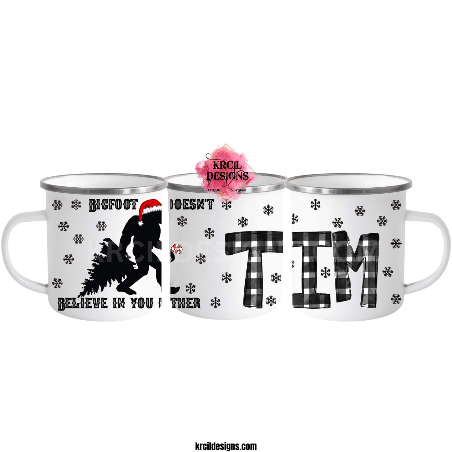 Sasquatch aka Bigfoot Coffee Mugs & Christmas Mugs by Krcil Designs | "Bigfoot Doesn't Believe in You Either" | This jolly Bigfoot is fully immersed in the holiday spirit, from dragging a Christmas tree to wearing a Santa hat and carrying a Bigfoot-sized candy cane. Adorned with whimsical snowflakes, this festive mug can be personalized with your name with our black and white plaid letters for that extra touch of holiday magic. Shop Bigfoot Gifts at KrcilDesigns.com