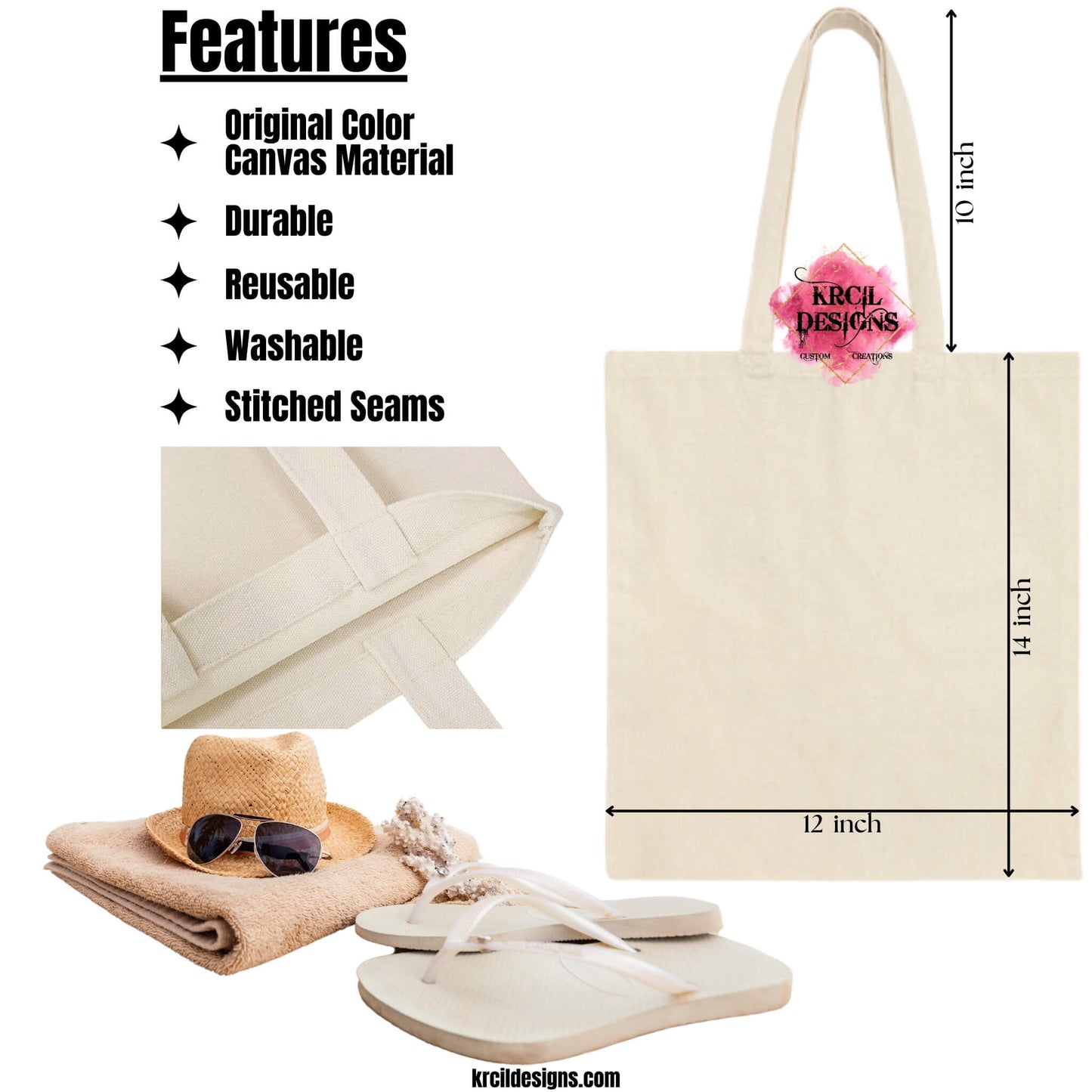 Cotton Canvas Tote Bags Size Chart, Features and Benefits Products Chart | Our tote bags are 12"wide x 14"tall with 10" handles or 20"full length handles, are the original color of canvas, no bleaching of cotton saves our planet, durable, reusable, washable, and has reinforced stitch seams. | Design Your Own with Krcil Designs!
KrcilDesigns.com
