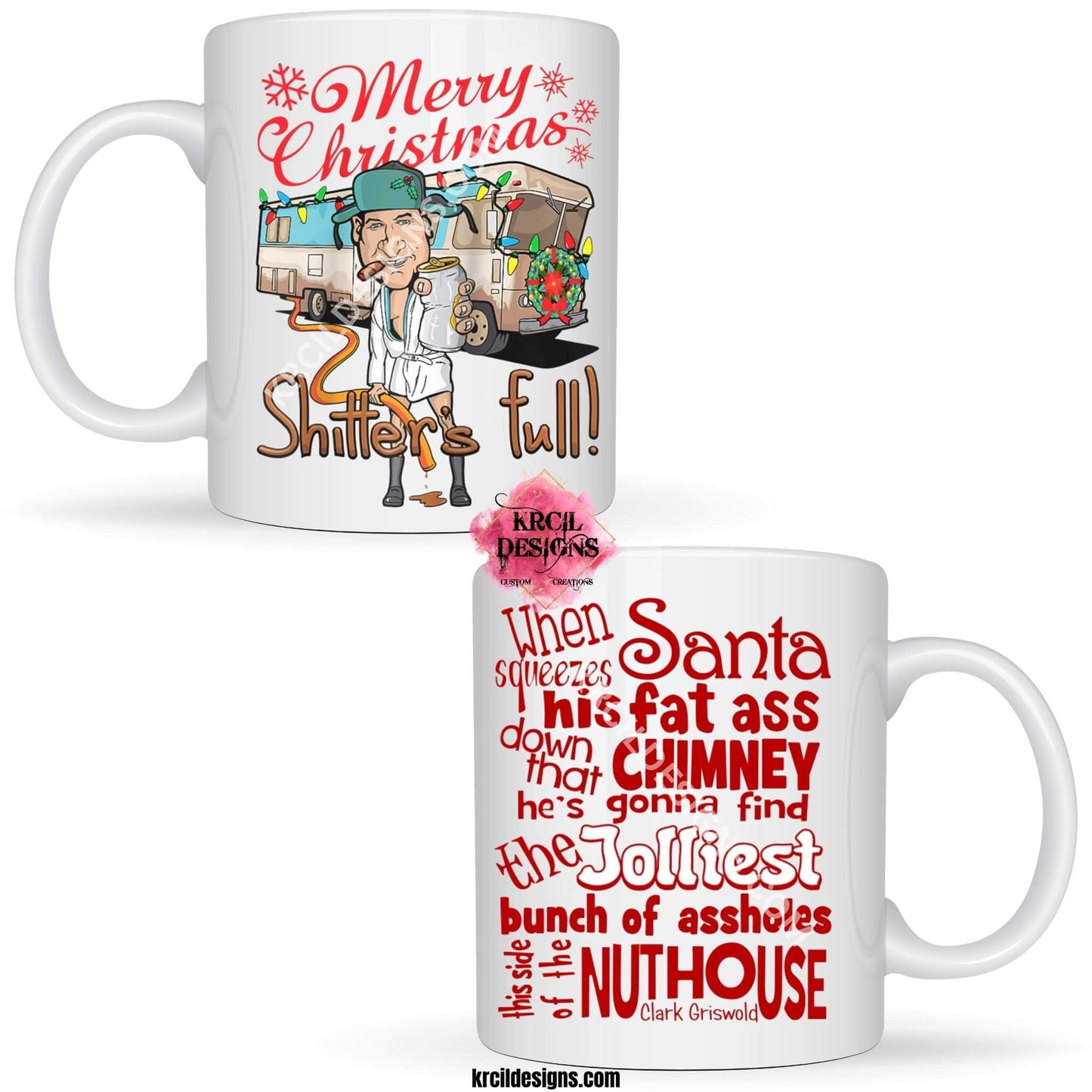 Christmas Vacation Christmas Mugs by Krcil Designs | Unwrap the gift of laughter with the unforgettable Cousin Eddie, in his signature white bathrobe and trooper hat, cigar in hand, holding his beer, featuring his iconic unforgettable RV from Hell, dumping the sewage waste, "Merry Christmas, Shitter's Full!" Our waffle weave dish cloth dish towel sets, pair perfectly with our coffee mugs. Explore our sets and bundles options for gift ideas. Shop Christmas Mugs at KrcilDesigns.com