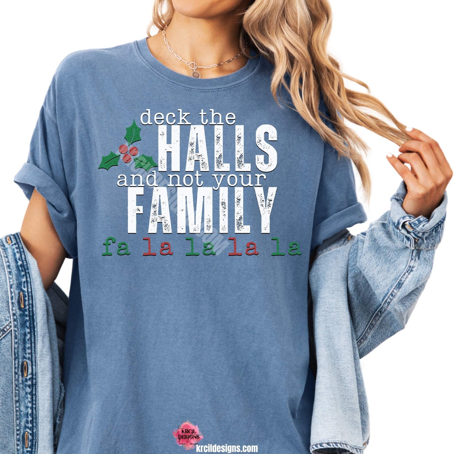 Vintage Distressed Deck The Halls and Not Your Family Christmas Tee by Krcil Designs | Make a fashion statement with our graphic tees t-shirts! Our buttery soft cozy tees will become your new weekend bestie! Dress to impress with clothes that have laugh-out-loud jokes—Introducing our "deck the HALLS and not your FAMILY falala" Funny Christmas Shirt. This holiday season, celebrate in style with Christmas t-shirts for family—perfect for family photos! Shop Christmas Tees at KrcilDesigns.com