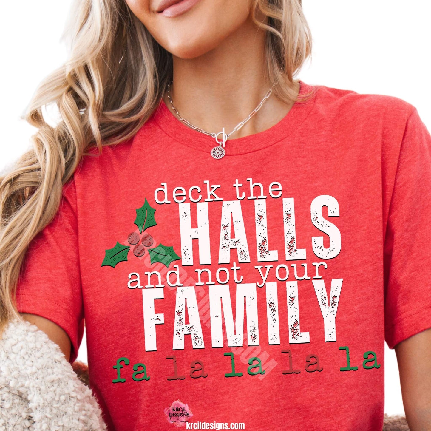 Vintage Distressed Deck The Halls and Not Your Family Christmas Tee by Krcil Designs | Make a fashion statement with our graphic tees t-shirts! Our buttery soft cozy tees will become your new weekend bestie! Dress to impress with clothes that have laugh-out-loud jokes—Introducing our "deck the HALLS and not your FAMILY falala" Funny Christmas Shirt. This holiday season, celebrate in style with Christmas t-shirts for family—perfect for family photos! Shop Christmas Tees at KrcilDesigns.com