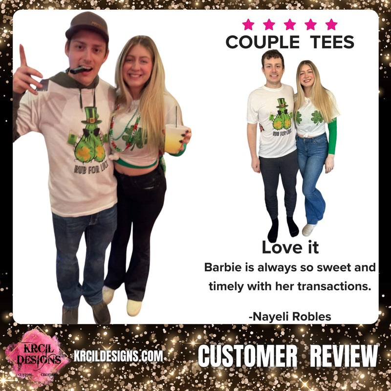 5 ⭐️ ⭐️ ⭐️ ⭐️ ⭐️
COUPLE TEES
Love it
Barbie is always so sweet and timely with her transactions.
-Nayeli Robles Customer Review
Shop KrcilDesigns.com