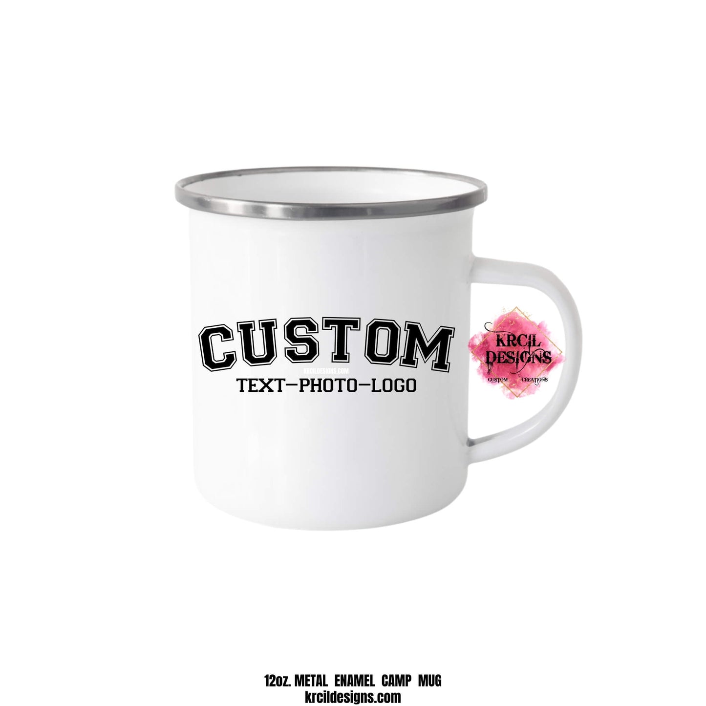 Design Your Own Enamel Mug with Krcil Designs | Let our custom coffee cups do the talking with our collection of personalized coffee cups. Personalize It - add name, monogram, make a one-of-a-kind picture collage photo cup - the picture-perfect present! Add our dish cloth tea towel set, perfectly paired with our cups and mugs. For the ultimate coffee lovers gift, explore our sets and bundles. Brand your business with our business logo coffee cups, make great business promotional products. KrcilDesigns.com
