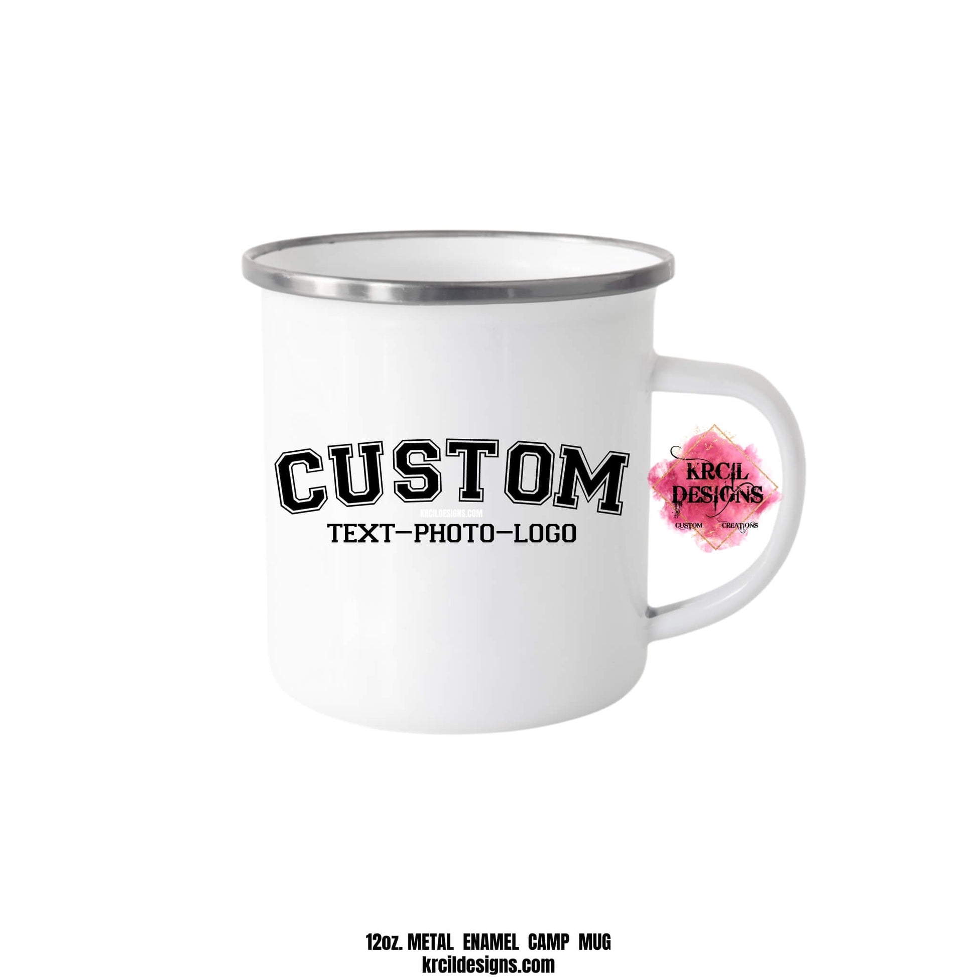 Design Your Own Enamel Mug with Krcil Designs | Let our custom coffee cups do the talking with our collection of personalized coffee cups. Personalize It - add name, monogram, make a one-of-a-kind picture collage photo cup - the picture-perfect present! Add our dish cloth tea towel set, perfectly paired with our cups and mugs. For the ultimate coffee lovers gift, explore our sets and bundles. Brand your business with our business logo coffee cups, make great business promotional products. KrcilDesigns.com