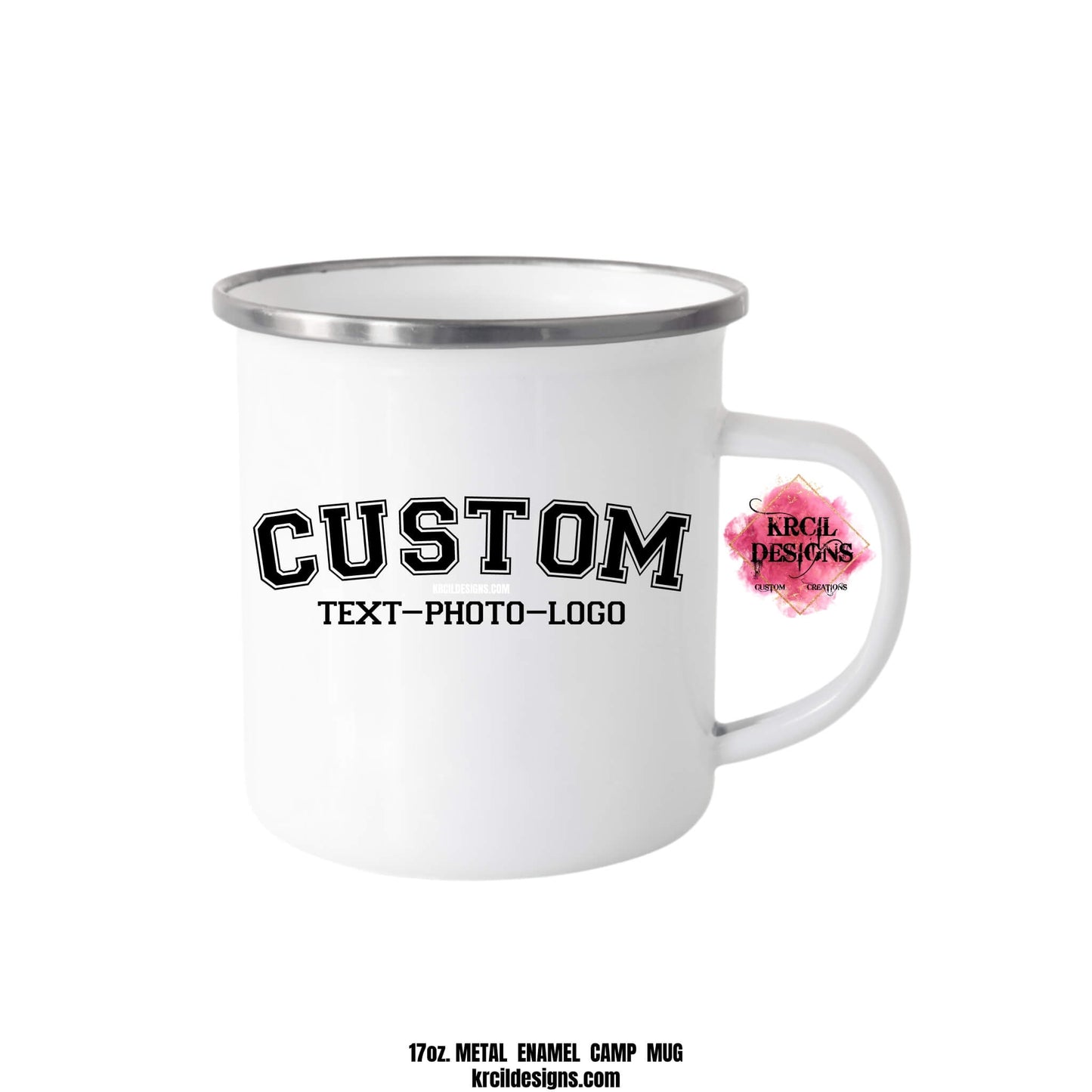 Design Your Own Enamel Mug with Krcil Designs | Let our custom coffee cups do the talking with our collection of personalized coffee cups. Personalize It - add name, monogram, make a one-of-a-kind picture collage photo cup - the picture-perfect present! Add our dish cloth tea towel set, perfectly paired with our cups and mugs. For the ultimate coffee lovers gift, explore our sets and bundles. Brand your business with our business logo coffee cups, make great business promotional products. KrcilDesigns.com