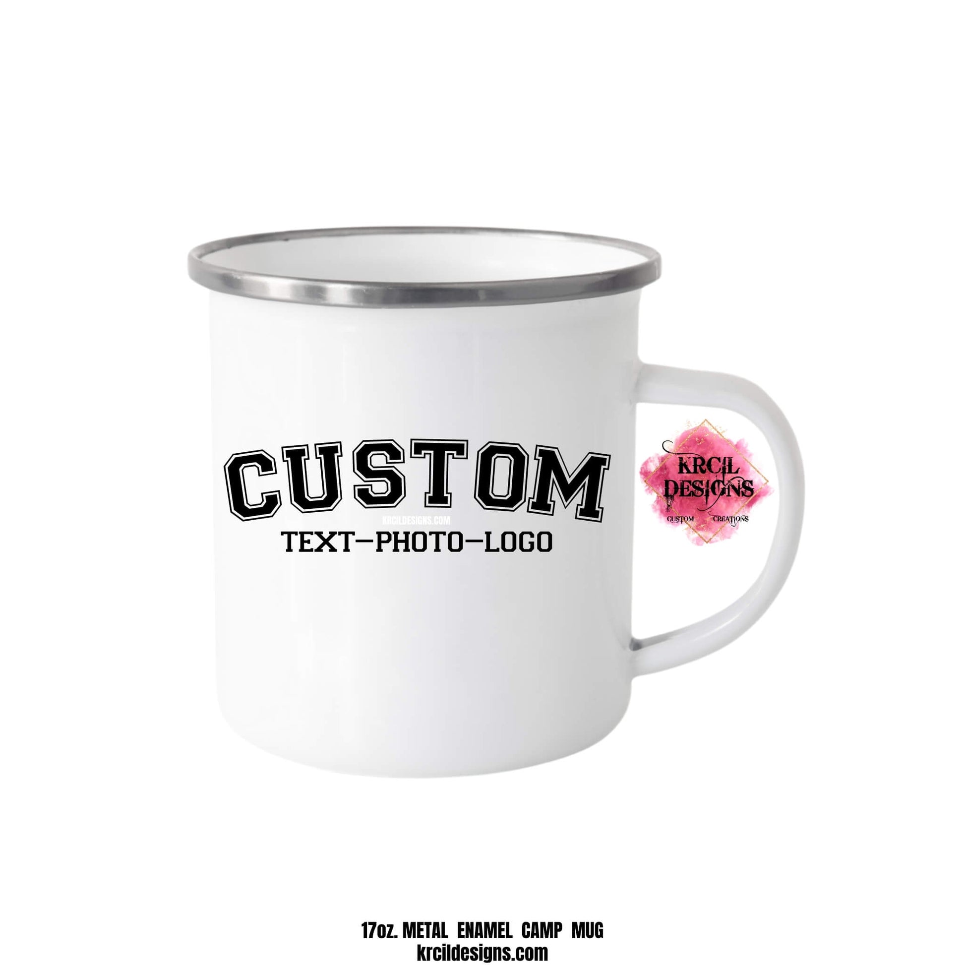 Design Your Own Enamel Mug with Krcil Designs | Let our custom coffee cups do the talking with our collection of personalized coffee cups. Personalize It - add name, monogram, make a one-of-a-kind picture collage photo cup - the picture-perfect present! Add our dish cloth tea towel set, perfectly paired with our cups and mugs. For the ultimate coffee lovers gift, explore our sets and bundles. Brand your business with our business logo coffee cups, make great business promotional products. KrcilDesigns.com