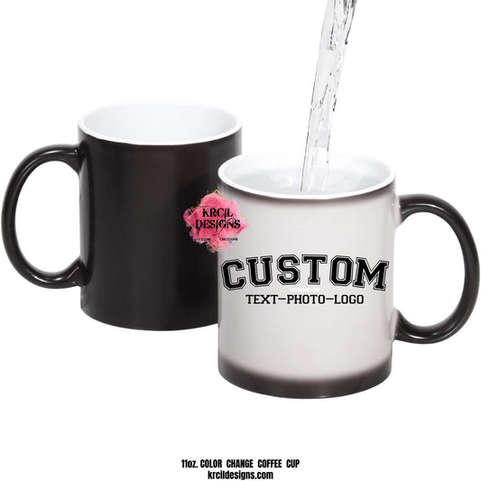 Design Your Own Magic Mug with Krcil Designs | Personalize It - add name, monogram, make a one-of-a-kind picture collage photo cup. Our Magic Mugs are black color change coffee cups, when you add hot liquid, they change from black to white, revealing your design, it’s like magic, and that’s why we named them our Magic Mugs. Add our dish cloth and tea towel set. For the ultimate coffee lovers gift, explore our sets and bundles. Get ready to add a touch of magic to your day! KrcilDesigns.com