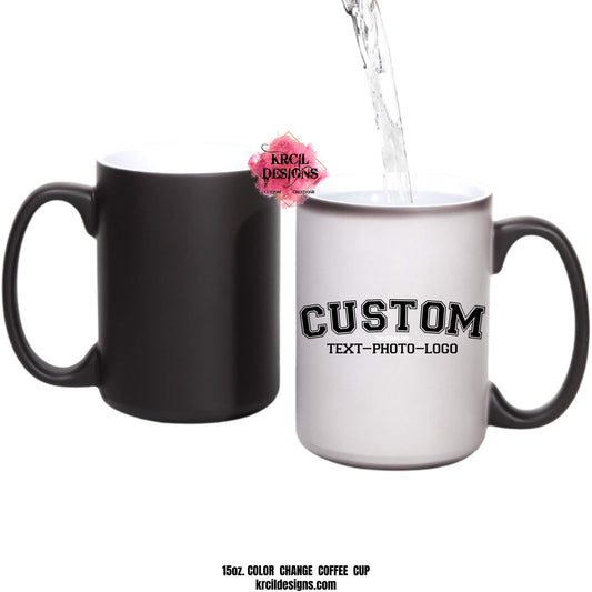 Design Your Own Magic Mug with Krcil Designs | Personalize It - add name, monogram, make a one-of-a-kind picture collage photo cup. Our Magic Mugs are black color change coffee cups, when you add hot liquid, they change from black to white, revealing your design, it’s like magic, and that’s why we named them our Magic Mugs. Add our dish cloth and tea towel set. For the ultimate coffee lovers gift, explore our sets and bundles. Get ready to add a touch of magic to your day! KrcilDesigns.com