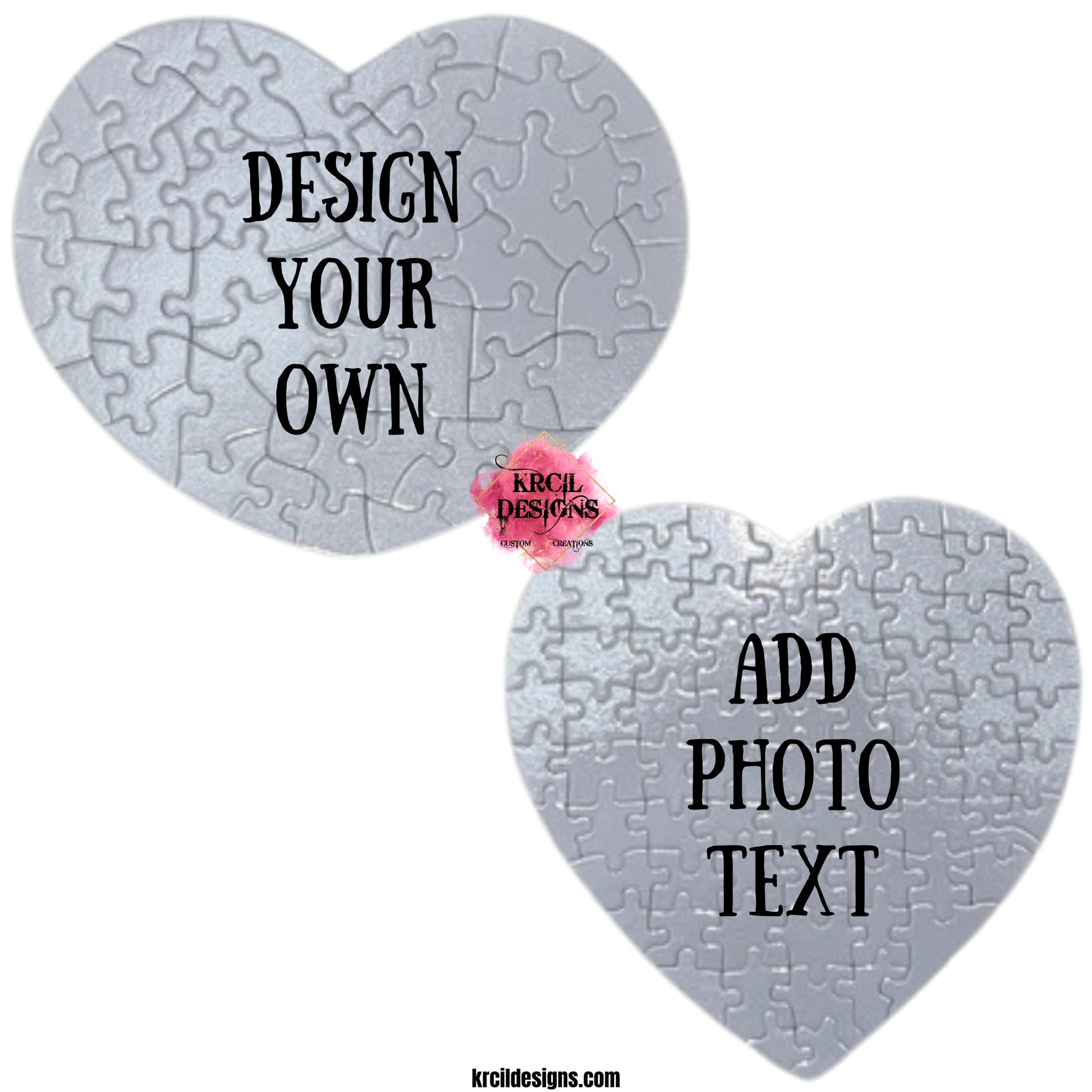 Heart Puzzles Sizing Chart | Get ready to laugh and create a lifetime of memories one puzzle piece at a time with our custom personalized puzzles! Each puzzle is made to order and includes a reference picture. Personalize It - add a name, monogram, a photo or picture collage. Whether you want to see your friend's face on a heart puzzle or your family portrait on a rectangular puzzle, add your furry friends to the mix, we've got you covered. Give the ultimate gift by adding a tote bag! KrcilDesigns.com