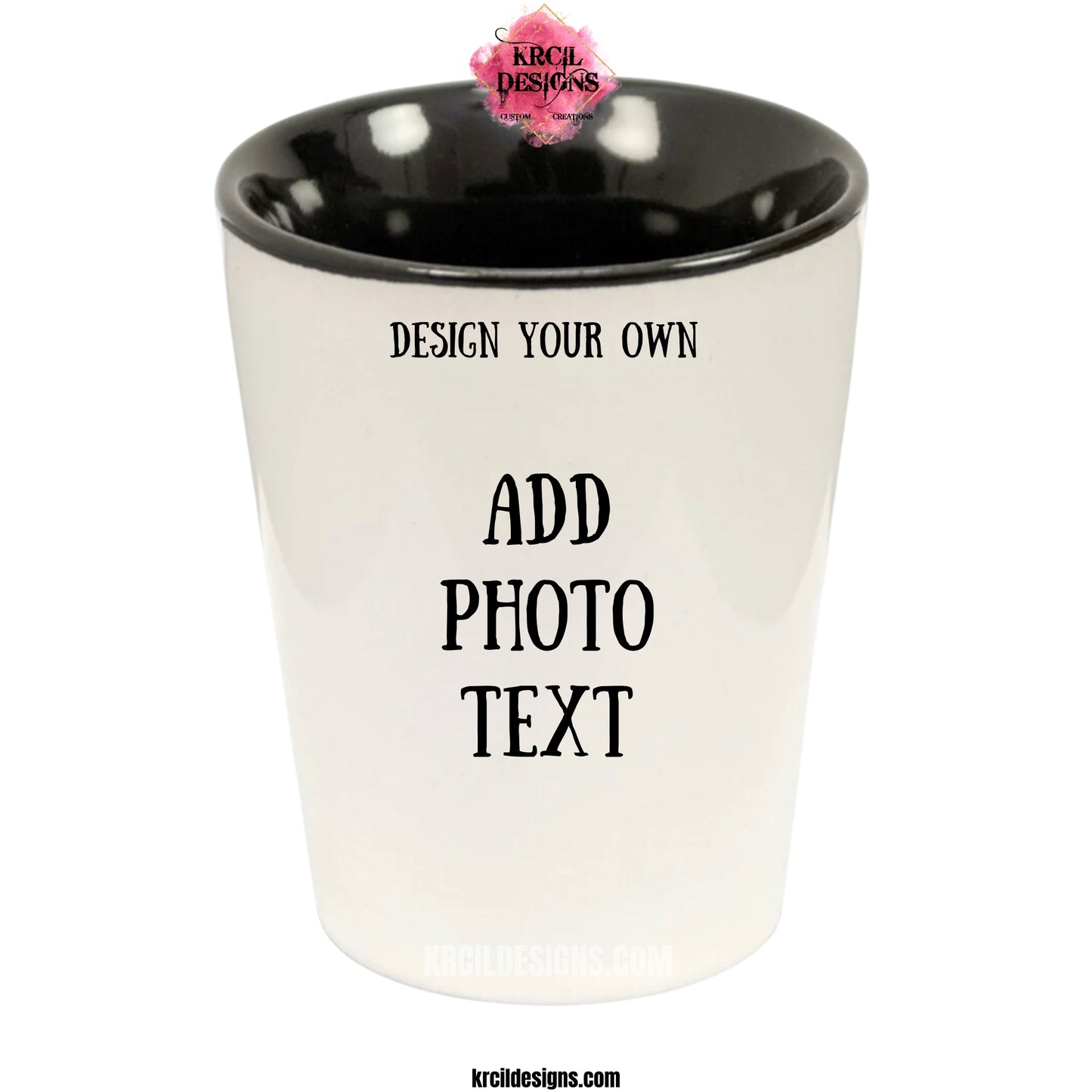 Design Your Own Shot Glass with Krcil Designs! | Get ready to toast to the good times with our custom personalized shot glasses. Pair them with your favorite bottle of liquor and put them in a basket for the ultimate gift. Don't forget to add the matching dish cloth tea towel set! Explore our sets and bundles options for gift ideas. Perfect for birthdays and holidays. Two toned, black interior, white exterior, these shot glasses are the perfect mix of sophistication and fun. KrcilDesigns.com