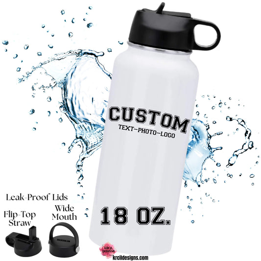 18oz. | Design Your Own Water Bottles with Krcil Designs! Turn your favorite memories into stunning custom water bottles. From a single photo to a picture collage—we've got you covered! Pet Parent—Get your fur friends in on the action! Showcase your pet's pics! Add a personal touch, add name, photos, your favorite quote, for a one-of-a-kind personalized water bottle. Hydrate in style with our stainless steel water bottle—perfect for on-the-go hydration! H2O To Go! Shop Personalized Gifts at KrcilDesigns.com