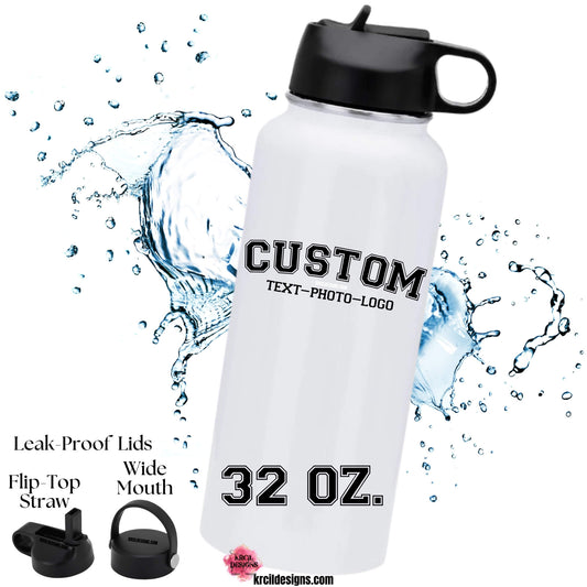 32oz. | Design Your Own Water Bottles with Krcil Designs! Turn your favorite memories into stunning custom water bottles. From a single photo to a picture collage—we've got you covered! Pet Parent—Get your fur friends in on the action! Showcase your pet's pics! Add a personal touch, add name, photos, your favorite quote, for a one-of-a-kind personalized water bottle. Hydrate in style with our stainless steel water bottle—perfect for on-the-go hydration! H2O To Go! Shop Personalized Gifts at KrcilDesigns.com