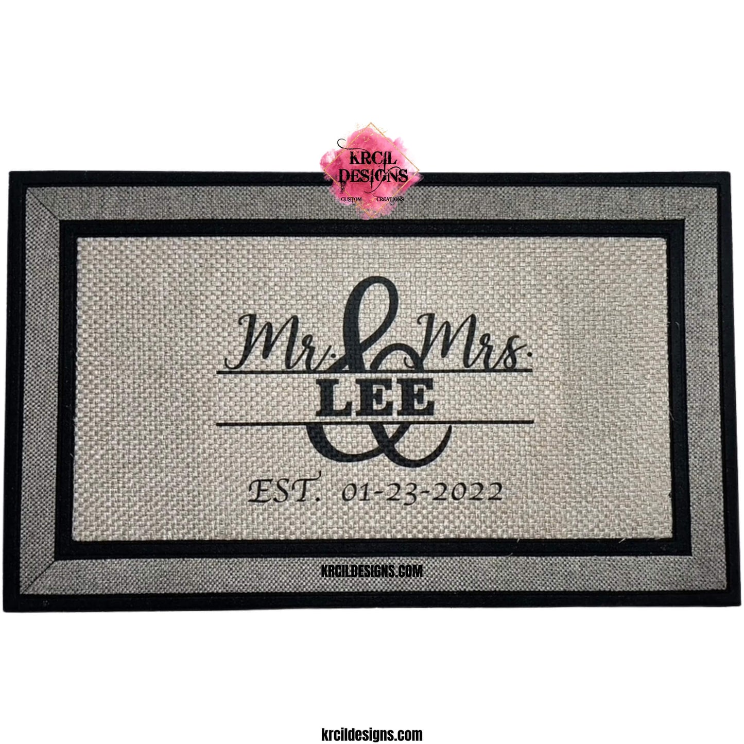 Mr. & Mrs. Established Date Door Mat by Krcil Designs | Design Your Own Door Mats! Make your doorstep the talk of the town with our custom personalized doormats! Add a personal touch, add name, monogram, established date, or photos, for a one-of-a-kind personalized door mat. Calling all pet parents! Get your fur friends in on the action! Showcase your pet's pics — turn this into a pet door mat — and create a one-of-a-kind pet portrait! Add a garden flag! Shop Custom Door Mats at KrcilDesigns.com