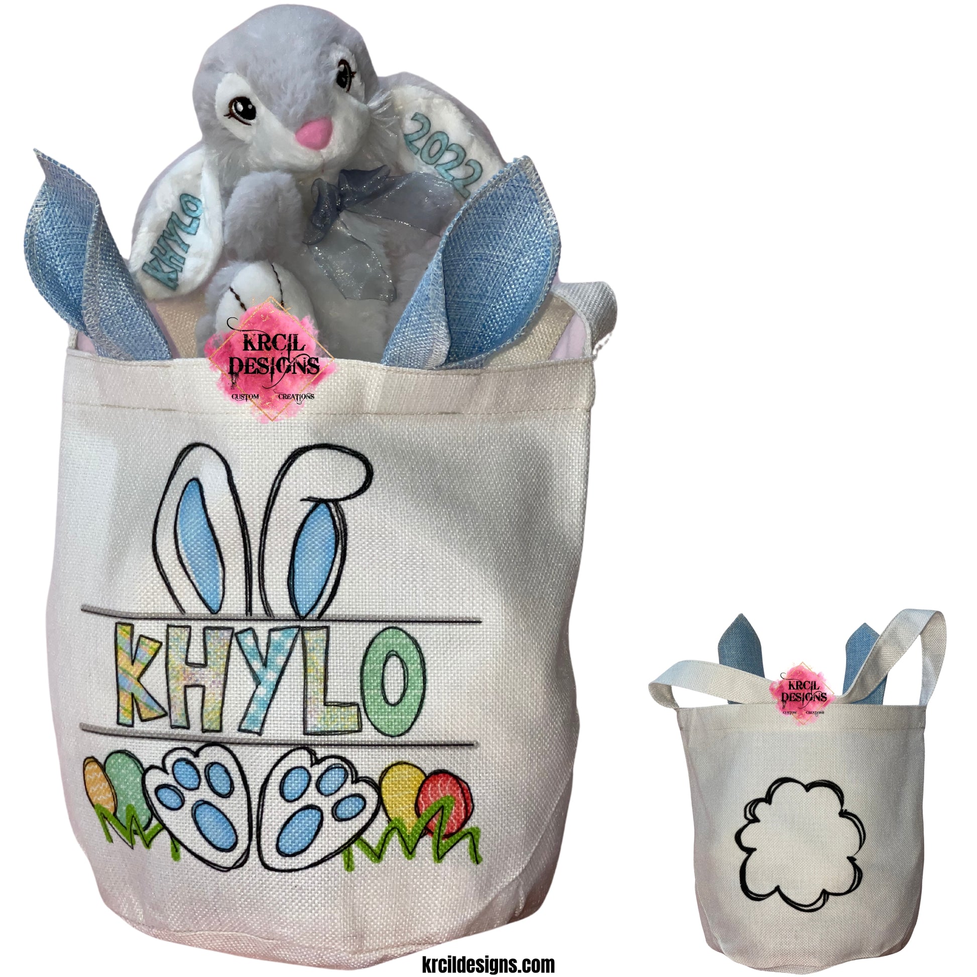Personalized Easter Baskets by Krcil Designs | Make this Easter egg-stra special with your very own personalized Easter Basket with blue or pink bunny ears. Your name will be transformed into our joyful Easter letters, adorned in an Easter Bunny nameplate, and surrounded by colorful Easter eggs. We have all the goodies to fill your Easter Baskets this year, including personalized Easter Bunny, featuring your name and year on the ears, and a personalized Easter Puzzle. Hop Over to KrcilDesigns.com