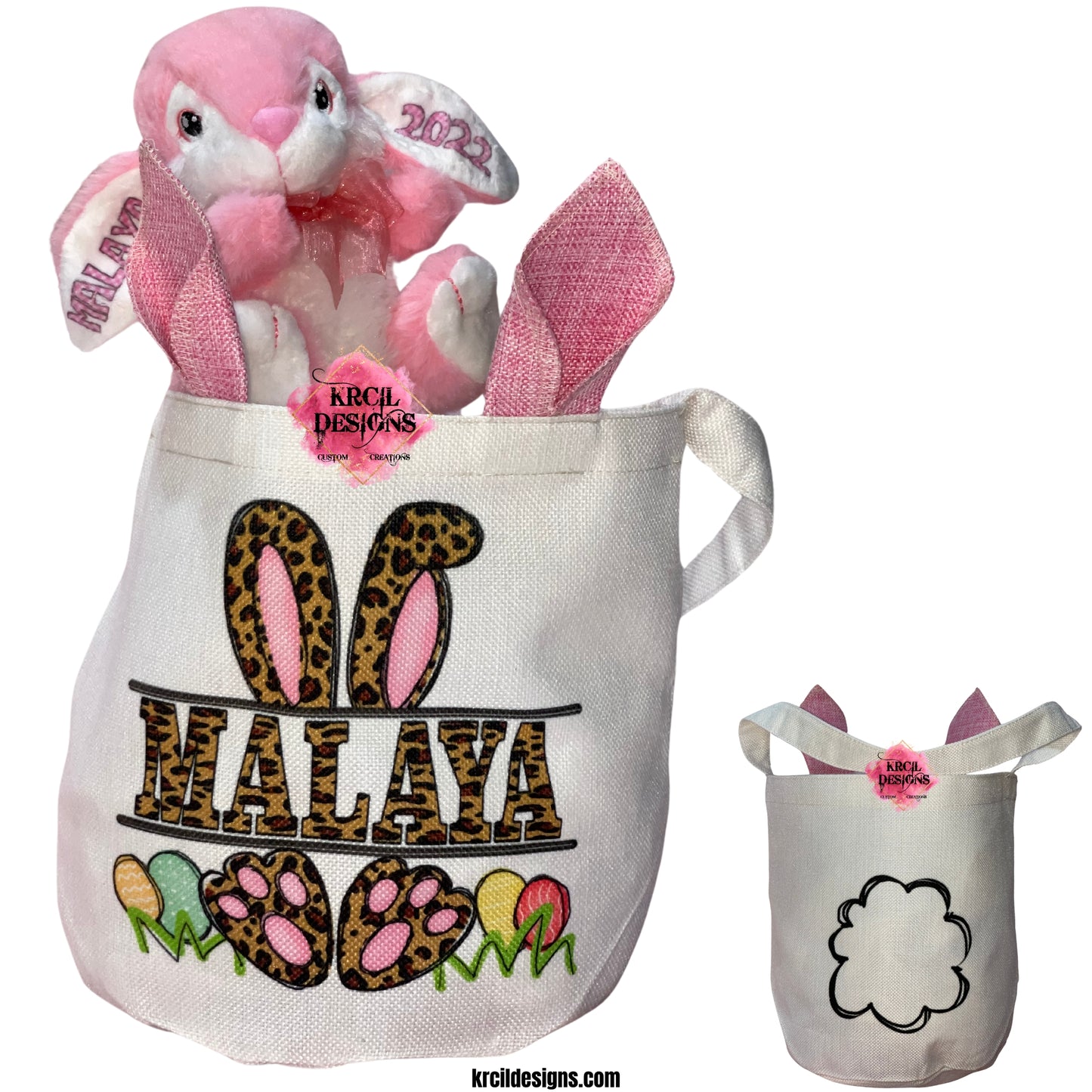 Personalized Easter Baskets by Krcil Designs | Make this Easter egg-stra special with your very own personalized Easter Basket with blue or pink bunny ears. Your name will be transformed into our joyful Easter letters, adorned in an Easter Bunny nameplate, and surrounded by colorful Easter eggs. We have all the goodies to fill your Easter Baskets this year, including personalized Easter Bunny, featuring your name and year on the ears, and a personalized Easter Puzzle. Hop Over to KrcilDesigns.com