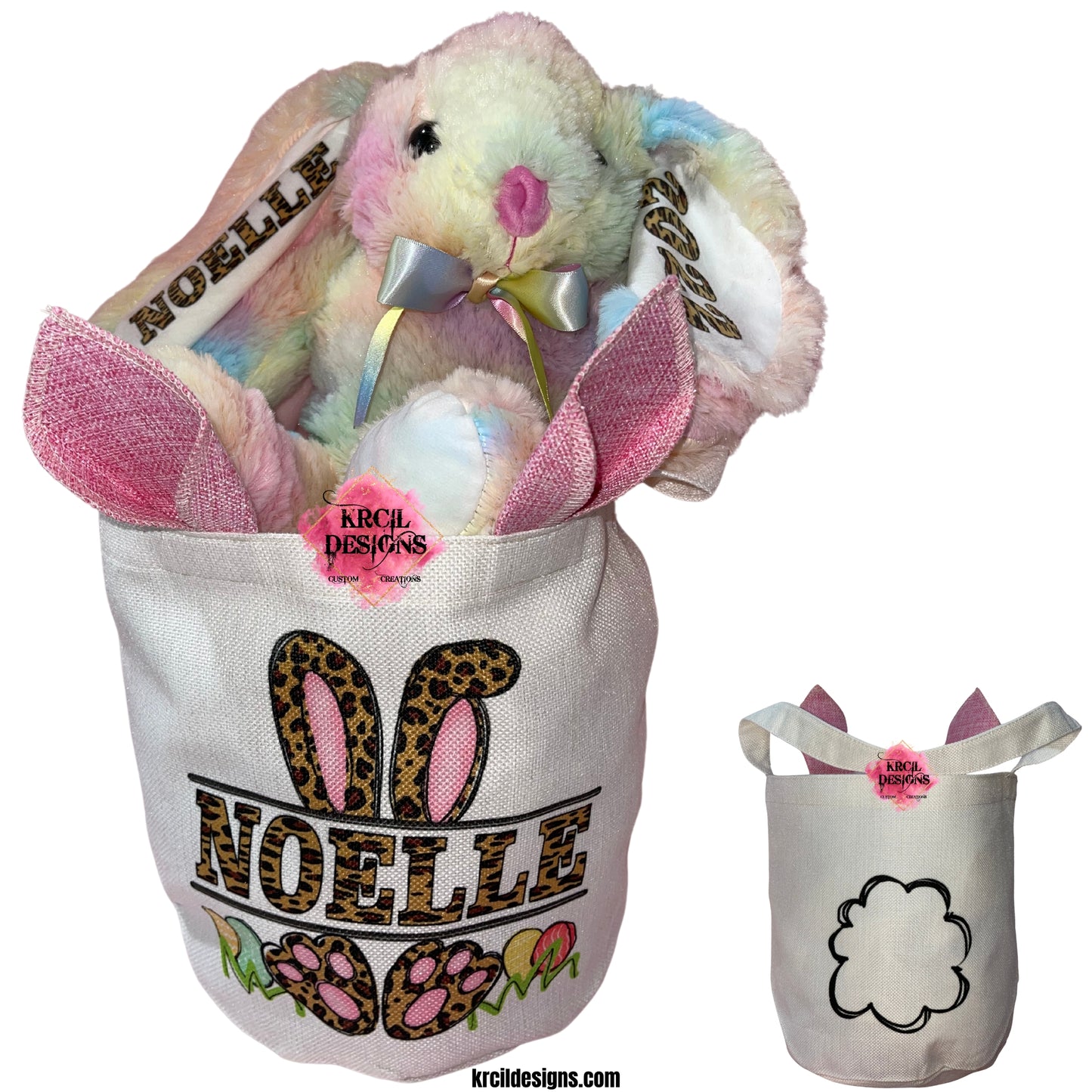 Personalized Easter Baskets by Krcil Designs | Make this Easter egg-stra special with your very own personalized Easter Basket with blue or pink bunny ears. Your name will be transformed into our joyful Easter letters, adorned in an Easter Bunny nameplate, and surrounded by colorful Easter eggs. We have all the goodies to fill your Easter Baskets this year, including personalized Easter Bunny, featuring your name and year on the ears, and a personalized Easter Puzzle. Hop Over to KrcilDesigns.com