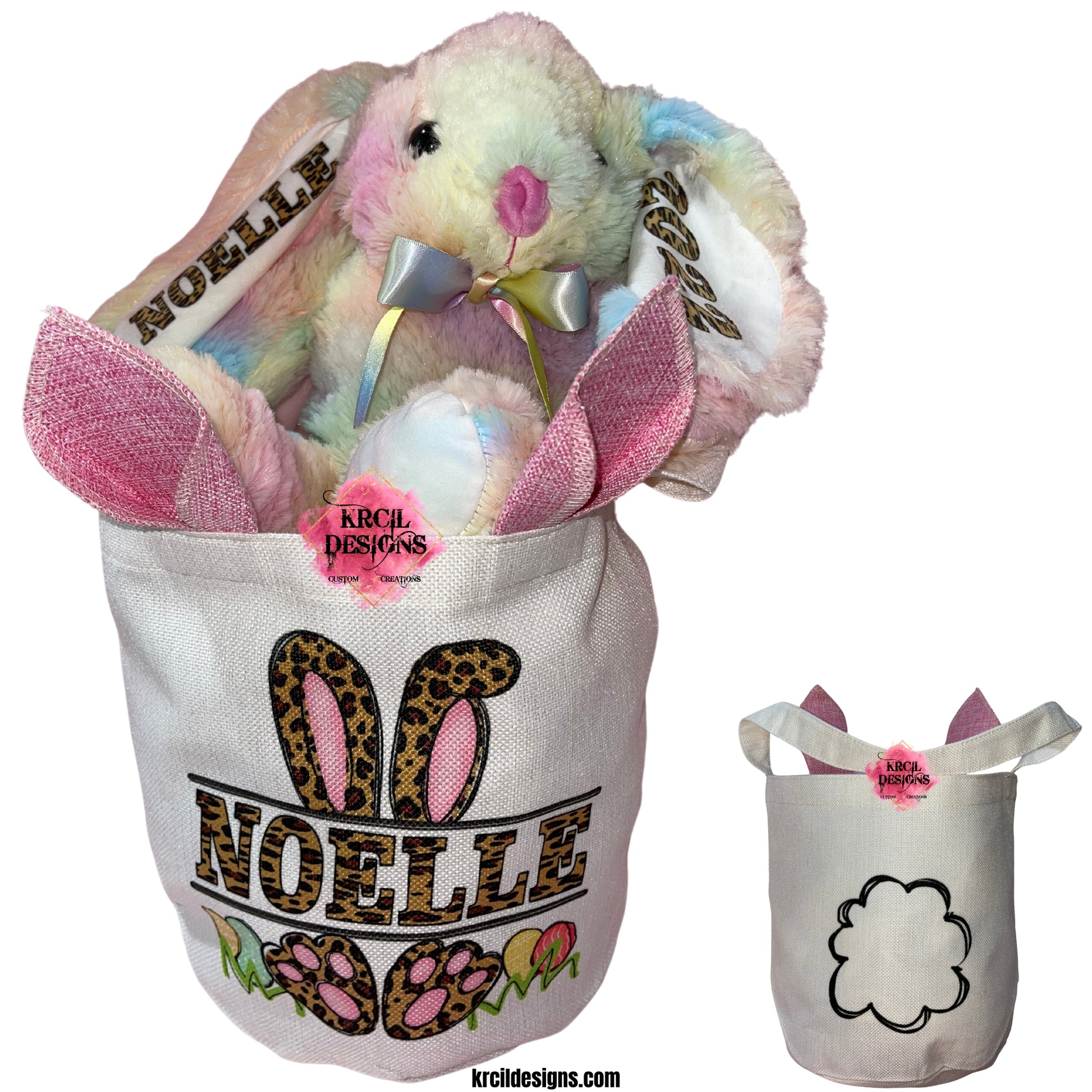 Personalized Easter Baskets by Krcil Designs | Make this Easter egg-stra special with your very own personalized Easter Basket with blue or pink bunny ears. Your name will be transformed into our joyful Easter letters, adorned in an Easter Bunny nameplate, and surrounded by colorful Easter eggs. We have all the goodies to fill your Easter Baskets this year, including personalized Easter Bunny, featuring your name and year on the ears, and a personalized Easter Puzzle. Hop Over to KrcilDesigns.com