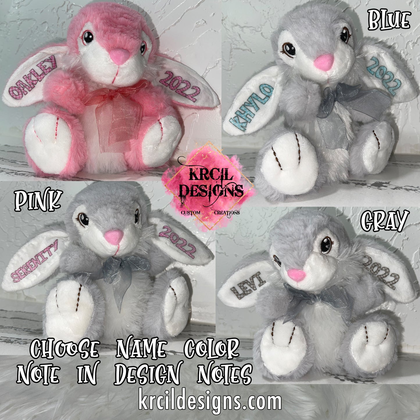 Easter Bunnies | Personalized Easter Bunny by Krcil Designs | Make this Easter egg-stra special with your very own personalized Easter Bunny, featuring your name and the year on the ears. Add a personalized Easter puzzle. We have all the goodies to fill your Easter Baskets this year, including personalized Easter Baskets with pink or blue bunny ears. Your name will be transformed into joyful Easter letters, adorned in an Easter Bunny nameplate, and surrounded by colorful Easter eggs. KrcilDesigns.com