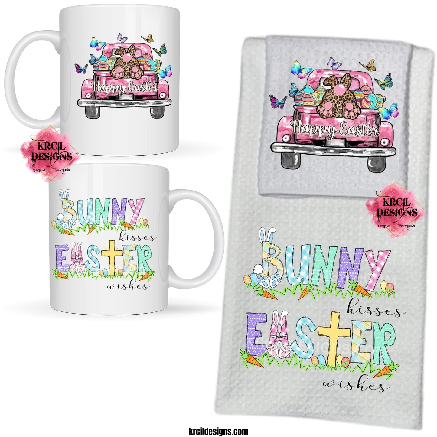 Easter Coffee Mugs and Kitchen Towels by Krcil Designs "Bunny Kisses Easter Wishes" Spice up your kitchen with our waffle weave dish cloth and dish towel sets, perfectly paired with our coffee mugs. And for a special touch, add grandma's favorite recipe. Personalize It - add name, monograms. Explore our sets and bundles options for gift ideas. Shop Coffee Mugs at KrcilDesigns.com