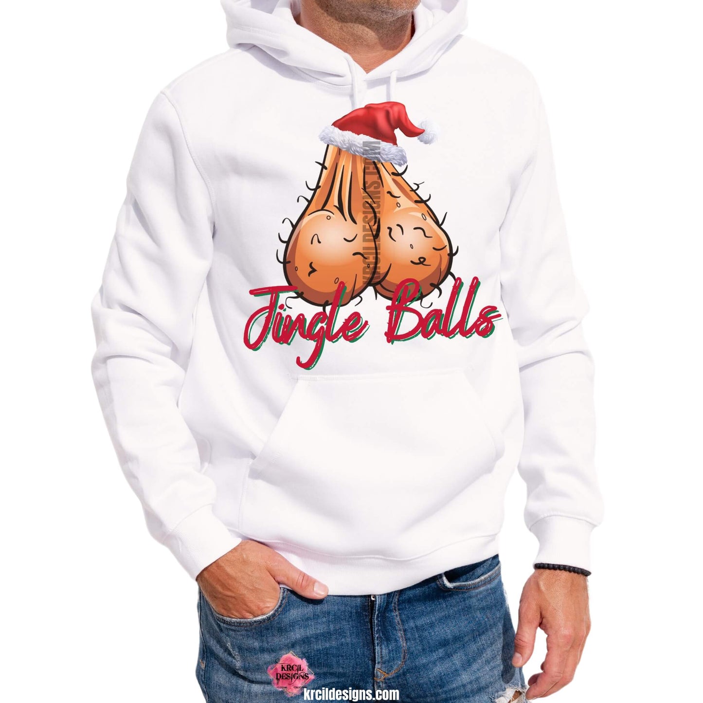 Ball Sack Jingle Balls Funny Christmas Sweaters by KrcilDesigns.com | Graphic design on a white hoodie, featuring a hairy ball sack wearing a Santa hat, and in red and green handwriting text that reads: "Jingle Balls"