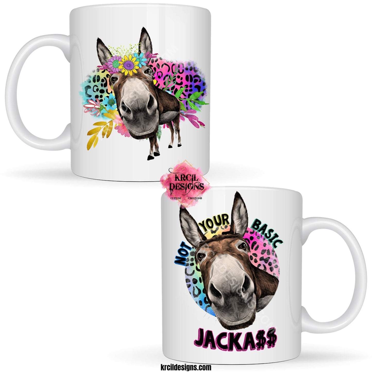 Funny Coffee Mugs by Krcil Designs Donkey Mugs "Not Your Basic JACKA$$" Featuring a charming donkey and a hint of cheetah print! | Let our custom coffee cups do the talking with our collection of personalized mugs. Personalize It - add name, monogram. For the ultimate coffee lovers gift, add our dish cloths and dish towels sets, they pair perfect with our coffee mugs. Shop Coffee Mugs at KrcilDesigns.com