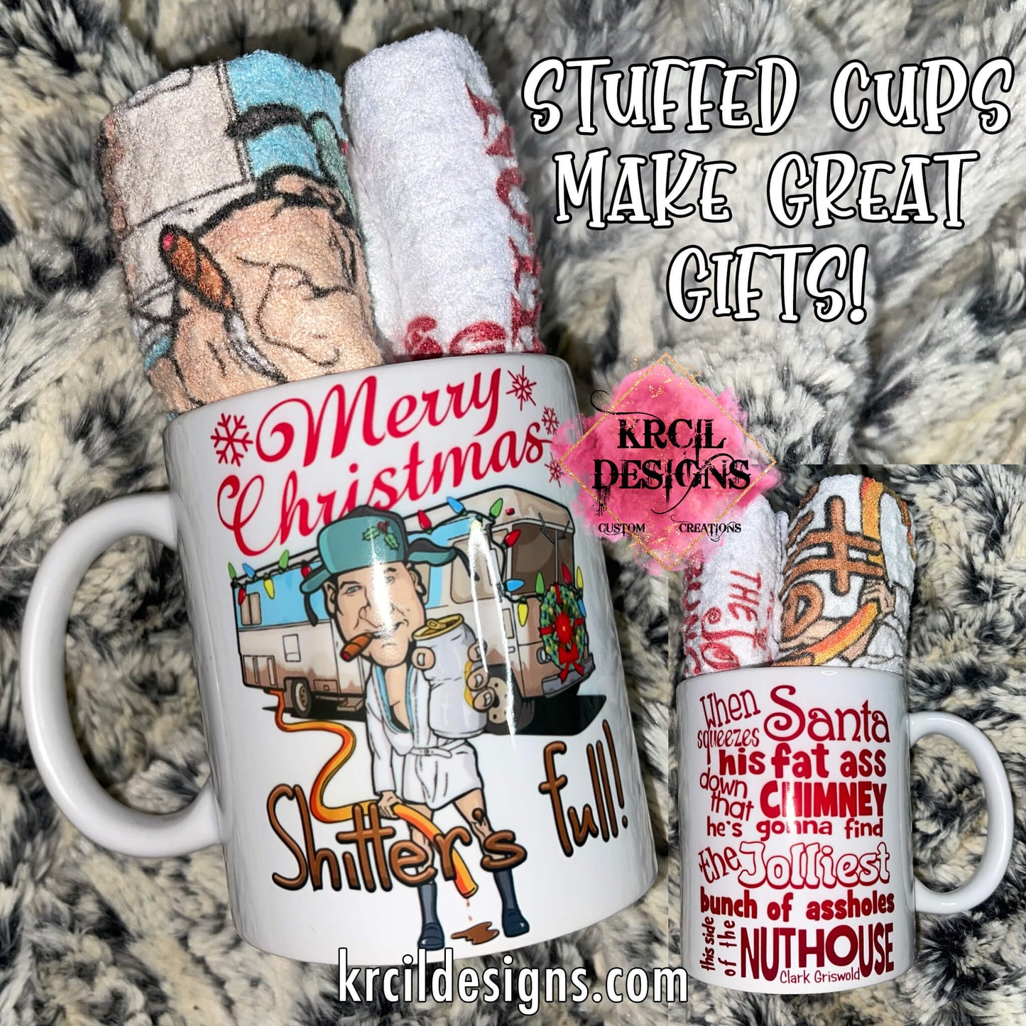 Funny Coffee Mugs and Kitchen Towels by Krcil Designs National Lampoons Christmas Vacation Unwrap the gift of laughter with the unforgettable Cousin Eddie, in his signature white bathrobe and trooper hat, cigar in hand, holding his beer, featuring his iconic unforgettable RV from Hell, dumping the sewage waste, "Merry Christmas, Shitter's Full!" Our waffle weave dish cloth dish towel sets, pair perfectly with our coffee mugs. Explore our sets and bundles options for gift ideas. Shop KrcilDesigns.com