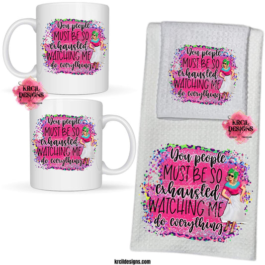 Funny Coffee Mugs and Kitchen Towels by Krcil Designs Retro Housewives "You people MUST BE SO exhausted WATCHING ME do everything" Step back in time with our retro housewives collection, complete with a sarcastic twist. You'll be cleaning up in true retro housewife style with a smile, a laugh, and a whole lotta sass! Spice up your kitchen with our waffle weave dish cloth dish towel sets, perfectly paired with our coffee mugs. Explore our sets and bundles. Shop Coffee Mugs at KrcilDesigns.com