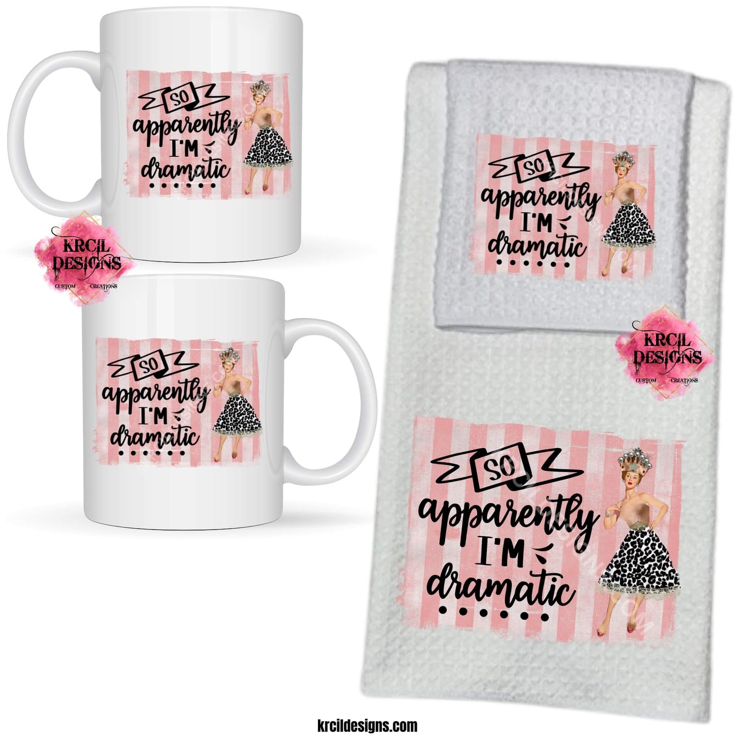 Funny Coffee Mugs and Kitchen Towels by Krcil Designs Retro Housewives "SO, apparently I'M dramatic" Step back in time with our retro housewives collection, complete with a sarcastic twist. You'll be cleaning up in true retro housewife style with a smile, a laugh, and a whole lotta sass! Spice up your kitchen with our waffle weave dish cloth dish towel sets, perfectly paired with our coffee mugs. Explore our sets and bundles options for gift ideas. Shop Coffee Mugs at KrcilDesigns.com