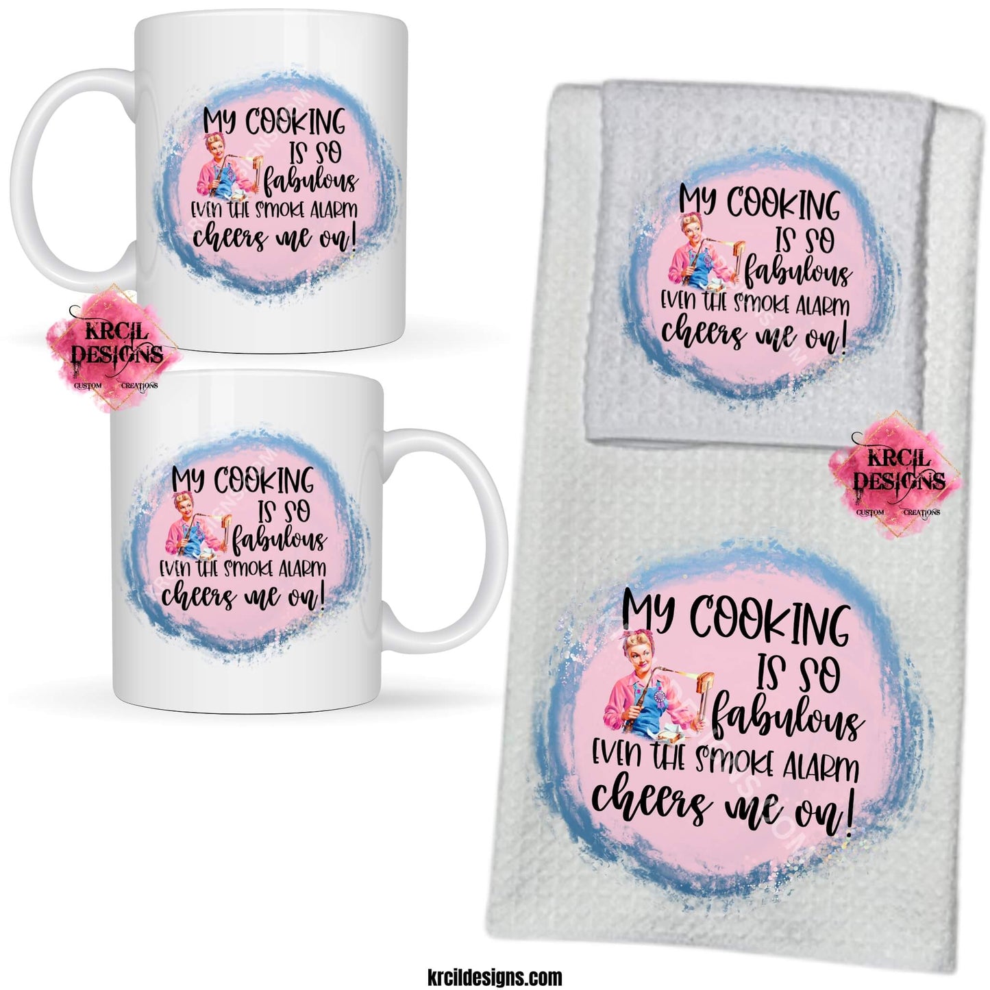 Funny Coffee Cups and Kitchen Towels by Krcil Designs Retro Housewives "My COOKING is fabulous EVEN THE SMOKE ALARM cheers on!" Step back in time with our retro housewives collection, complete with a sarcastic twist. You'll be cleaning up in true retro housewife style with a smile, a laugh, and a whole lotta sass! Spice up your kitchen with our waffle weave dish cloth dish towel sets, perfectly paired with our coffee mugs. Explore our sets and bundles. Shop Coffee Mugs at KrcilDesigns.com
