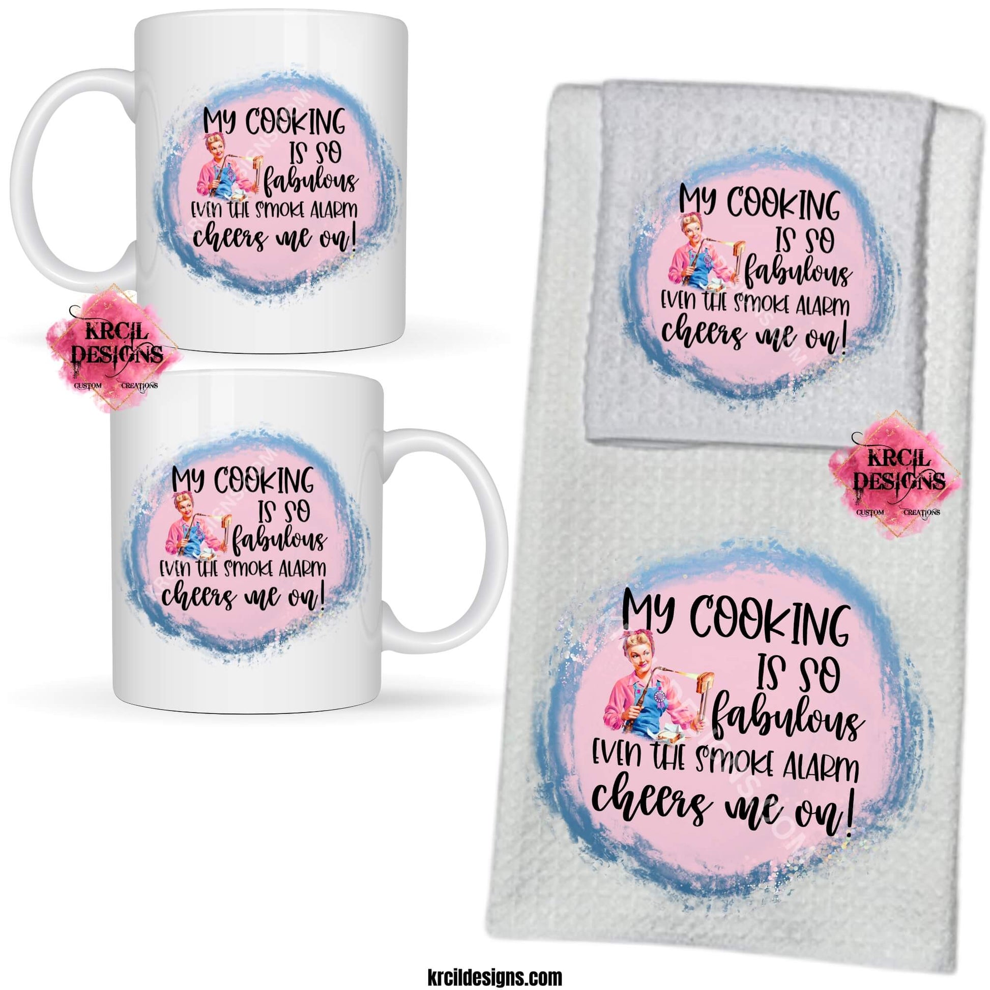 Funny Coffee Cups and Kitchen Towels by Krcil Designs Retro Housewives "My COOKING is fabulous EVEN THE SMOKE ALARM cheers on!" Step back in time with our retro housewives collection, complete with a sarcastic twist. You'll be cleaning up in true retro housewife style with a smile, a laugh, and a whole lotta sass! Spice up your kitchen with our waffle weave dish cloth dish towel sets, perfectly paired with our coffee mugs. Explore our sets and bundles. Shop Coffee Mugs at KrcilDesigns.com