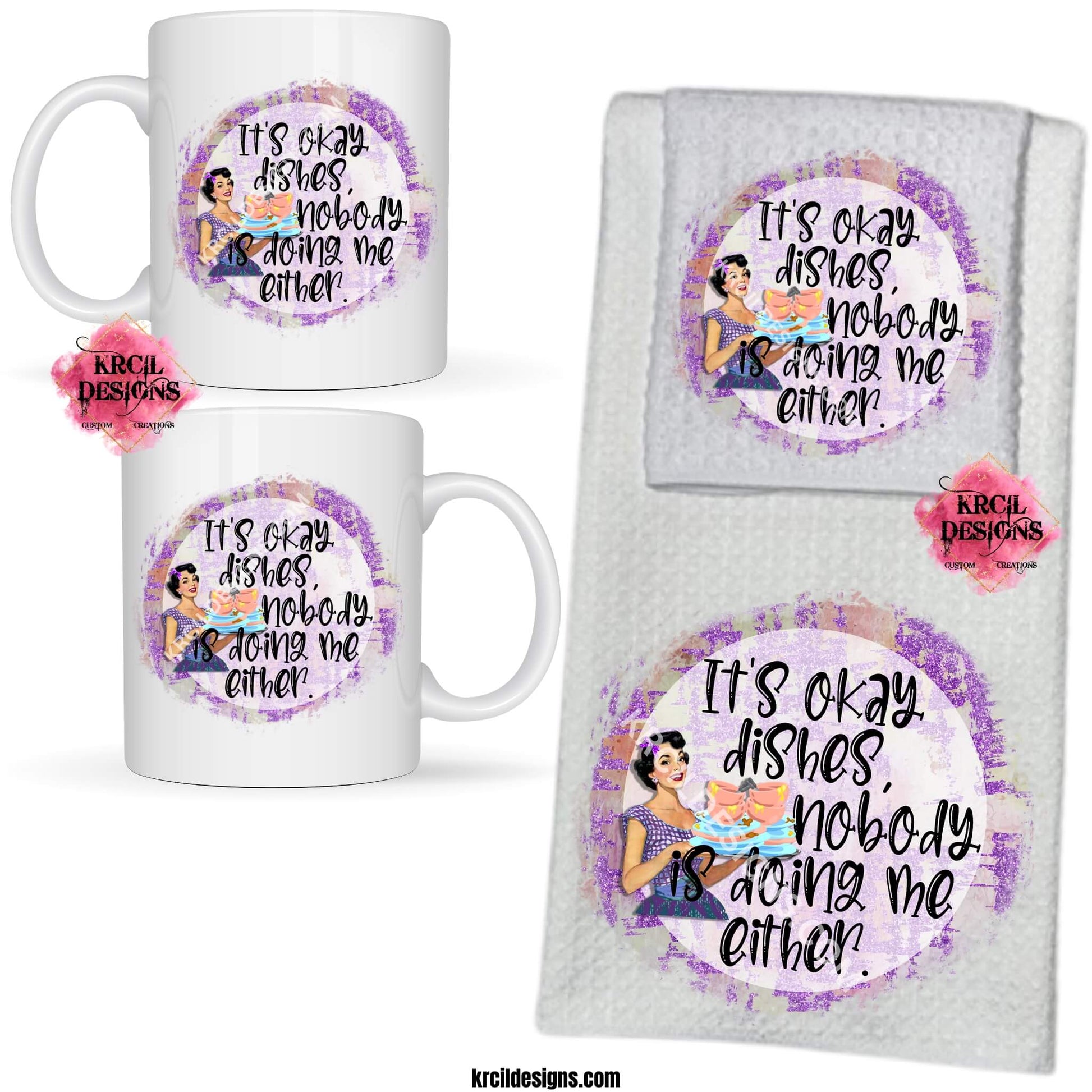 Funny Coffee Mugs and Kitchen Towels by Krcil Designs Retro Housewives "It's okay dishes, nobody is doing me either." Step back in time with our retro housewives collection, complete with a sarcastic twist. You'll be cleaning up in true retro housewife style with a smile, a laugh, and a whole lotta sass! Spice up your kitchen with our waffle weave dish cloth and dish towel sets, perfectly paired with our coffee mugs. Explore our sets and bundles options for gift ideas. Shop Coffee Mugs at KrcilDesigns.com