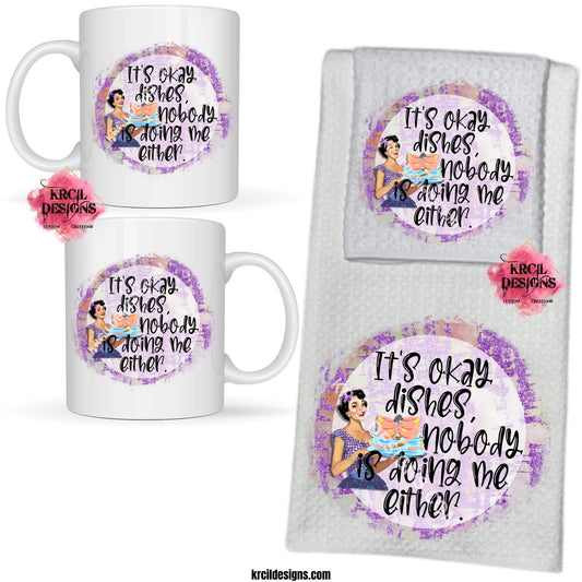 Funny Coffee Mugs and Kitchen Towels by Krcil Designs Retro Housewives "It's okay dishes, nobody is doing me either." Step back in time with our retro housewives collection, complete with a sarcastic twist. You'll be cleaning up in true retro housewife style with a smile, a laugh, and a whole lotta sass! Spice up your kitchen with our waffle weave dish cloth and dish towel sets, perfectly paired with our coffee mugs. Explore our sets and bundles options for gift ideas. Shop Coffee Mugs at KrcilDesigns.com
