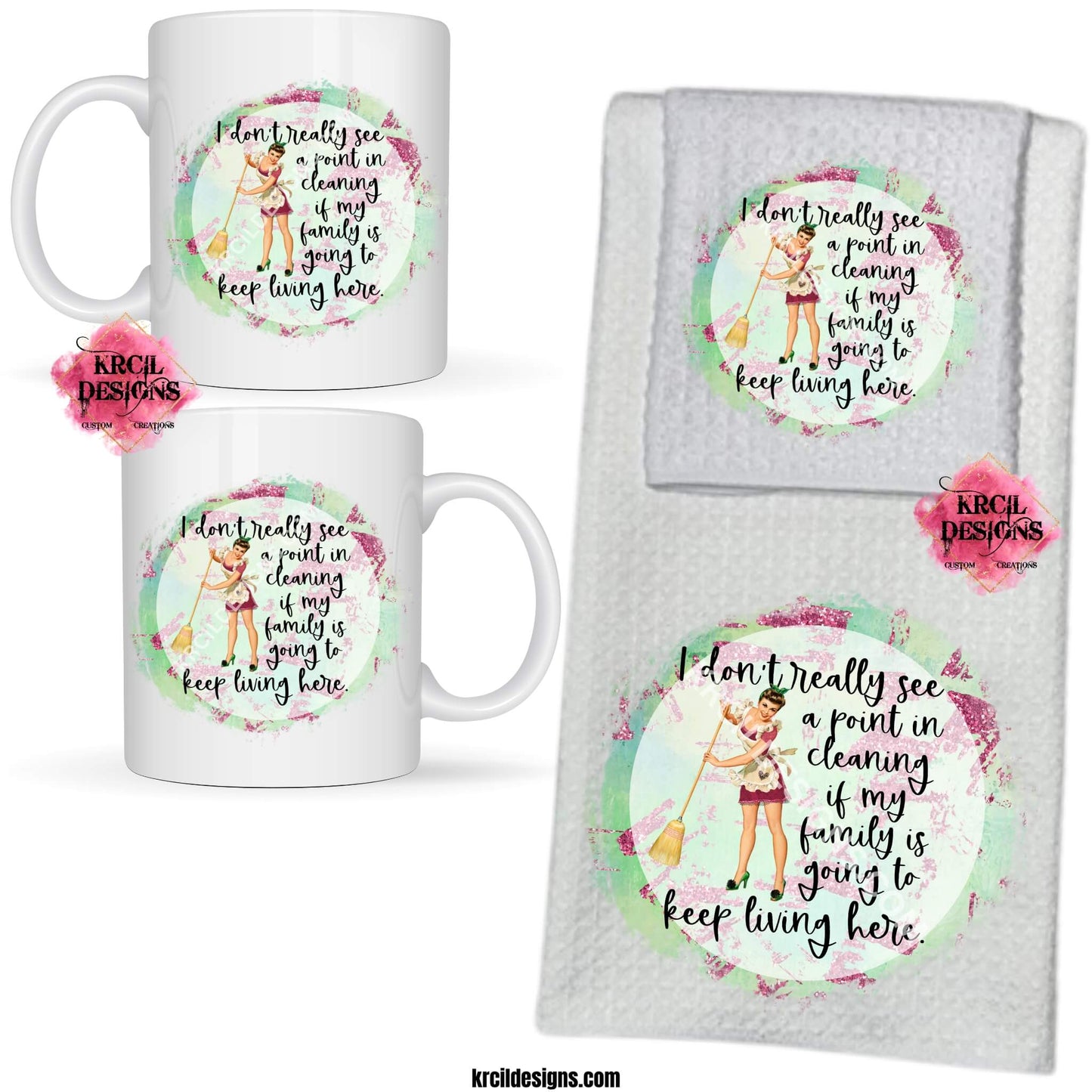 Funny Coffee Mugs and Kitchen Towels by Krcil Designs Retro Housewives "I don't really see a point in cleaning" Step back in time with our retro housewives collection, complete with a sarcastic twist. You'll be cleaning up in true retro housewife style with a smile, a laugh, and a whole lotta sass! Spice up your kitchen with our waffle weave dish cloth and dish towel sets, perfectly paired with our coffee mugs. Explore our sets and bundles options for gift ideas. Shop Coffee Mugs at KrcilDesigns.com