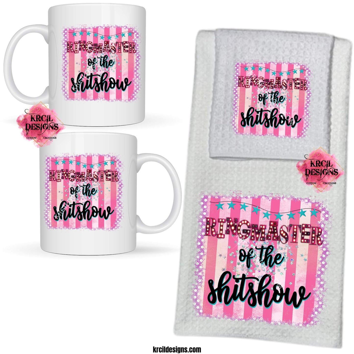 Funny Coffee Mugs and Kitchen Towels by Krcil Designs "RINGMASTER of the SHITSHOW" | Spice up your kitchen with our waffle weave dish cloth and dish towel sets, perfectly paired with our coffee mugs. And for a special touch, add grandma's favorite recipe. Personalize It - add name, monograms. Explore our sets and bundles options for gift ideas. Shop Coffee Mugs at KrcilDesigns.com