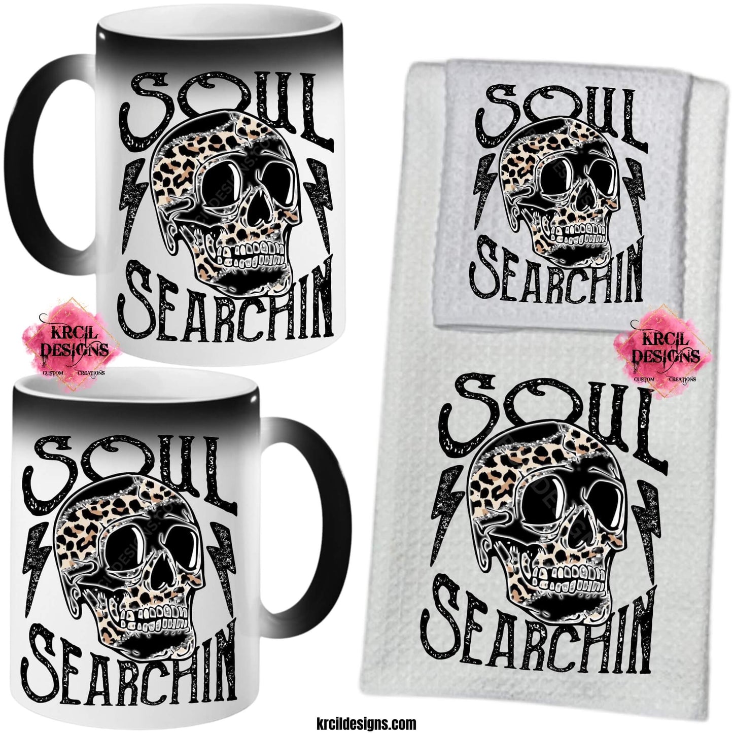 Funny Coffee Mugs and Kitchen Towels by Krcil Designs Skulls and Cheetah Print "Soul Searchin" Spice up your kitchen with our waffle weave dish cloth and dish towel sets, perfectly paired with our coffee mugs. Personalize It - add name, monograms. For the ultimate coffee lovers gift, explore our sets and bundles. Shop Coffee Mugs at KrcilDesigns.com