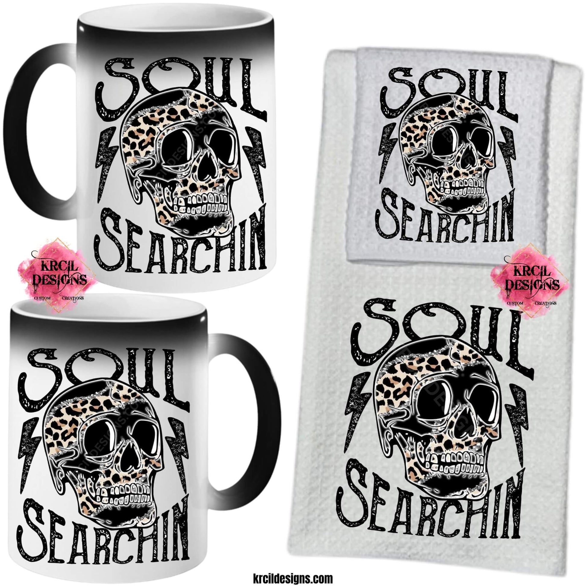 Funny Coffee Mugs and Kitchen Towels by Krcil Designs Skulls and Cheetah Print "Soul Searchin" Spice up your kitchen with our waffle weave dish cloth and dish towel sets, perfectly paired with our coffee mugs. Personalize It - add name, monograms. For the ultimate coffee lovers gift, explore our sets and bundles. Shop Coffee Mugs at KrcilDesigns.com