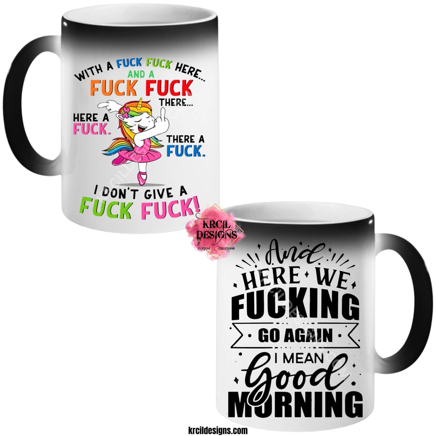 Funny Coffee Mugs by Krcil Designs | The Unapologetic F-Bomb Anthem Ballerina Unicorn Magic Mugs | Our Magic Mugs are black color change coffee cups, when you add hot liquid, they change from black to white, revealing your design, it’s like magic, and that’s why we named them our Magic Mugs. For the ultimate coffee lovers gift, add our dish cloths and dish towels sets, they pair perfect with our coffee mugs. Shop Coffee Mugs at KrcilDesigns.com