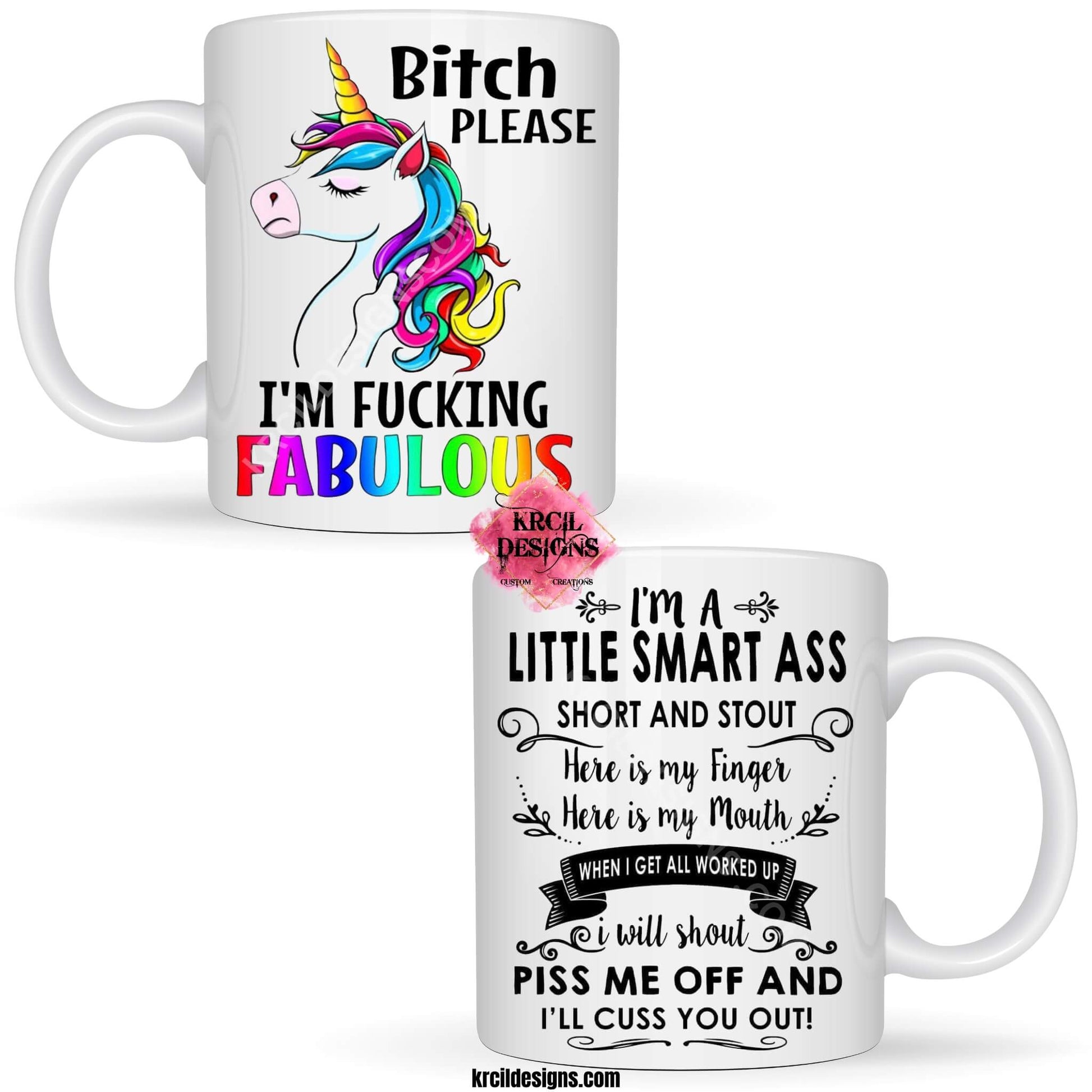 Funny Coffee Mugs by Krcil Designs | Rainbow-Tastic Unicorn Mugs "Bitch Please I'm Fucking Fabulous" | Let our custom coffee cups do the talking with our collection of personalized mugs. Personalize It - add name, monogram, make a one-of-a-kind picture collage photo cup - the picture-perfect present! For the ultimate coffee lovers gift, add our dish cloths and dish towels sets, they pair perfect with our coffee mugs. Shop Coffee Mugs at KrcilDesigns.com
