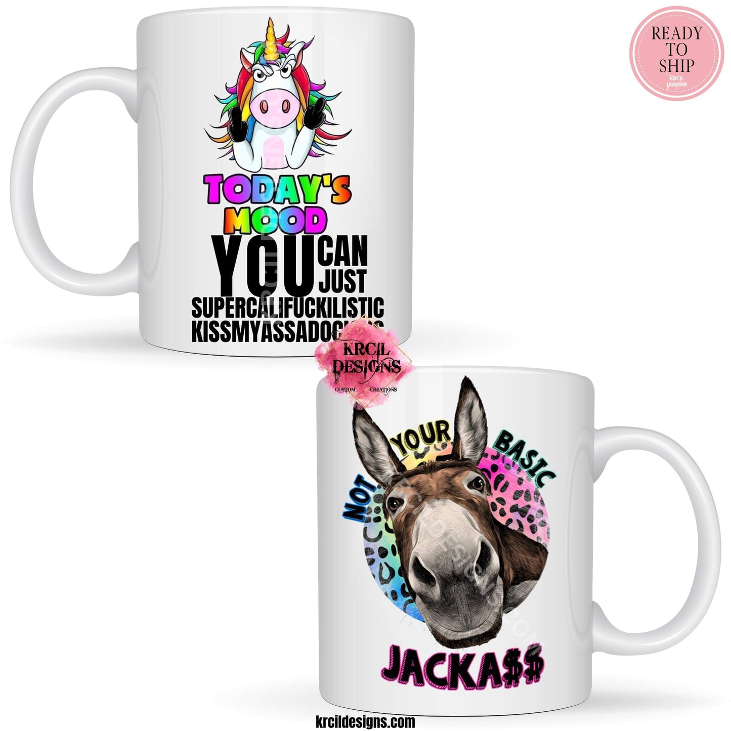 Funny Coffee Mugs by Krcil Designs | Unicorn "Today's Mood" and Donkey "Not Your Basic Jackass" Introducing our Uni-Donk Duo featuring a unicorn and a donkey. With a sassy saying to make your day! | Let our custom coffee cups do the talking with our collection of personalized mugs. Personalize It - add name, monogram. For the ultimate coffee lovers gift, add our dish cloths and dish towels sets, they pair perfect with our coffee mugs. Shop Coffee Mugs at KrcilDesigns.com