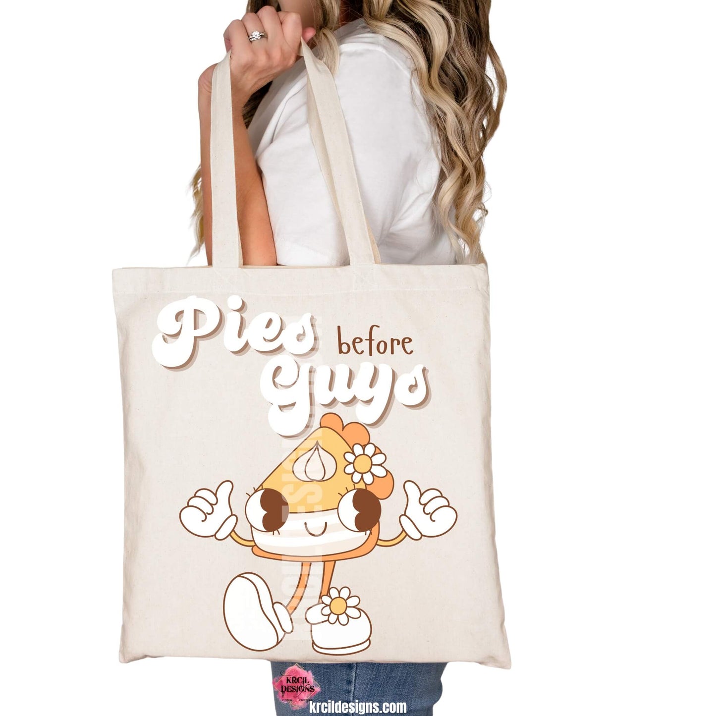 Thanksgiving Funny Tote Bags by KrcilDesigns.com | Graphic design on a canvas tote bag, featuring a playful cartoon piece of pumpkin pie retro character with arms, legs, and daisy flowers, striking a sassy pose with both hands making the 'thumbs up' sign. Surrounded by retro-style white text that reads: "Pies before Guys"