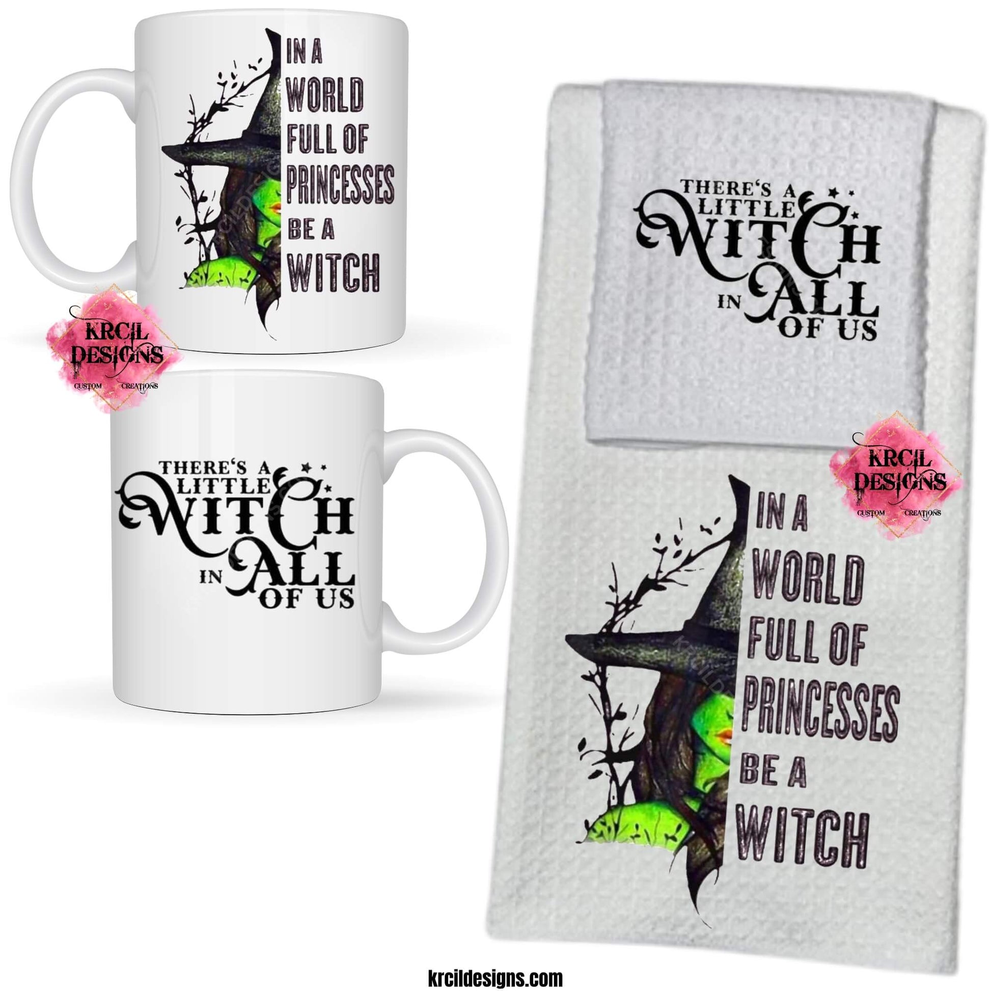 Halloween Coffee Mugs and Kitchen Towels by Krcil Designs Princess Witch "In A World Full Of Princesses Be A Witch" Spice up your kitchen with our waffle weave dish cloth and dish towel sets, perfectly paired with our coffee mugs. Personalize It - add name, monograms. Explore our sets and bundles options for gift ideas. Shop Coffee Mugs at KrcilDesigns.com