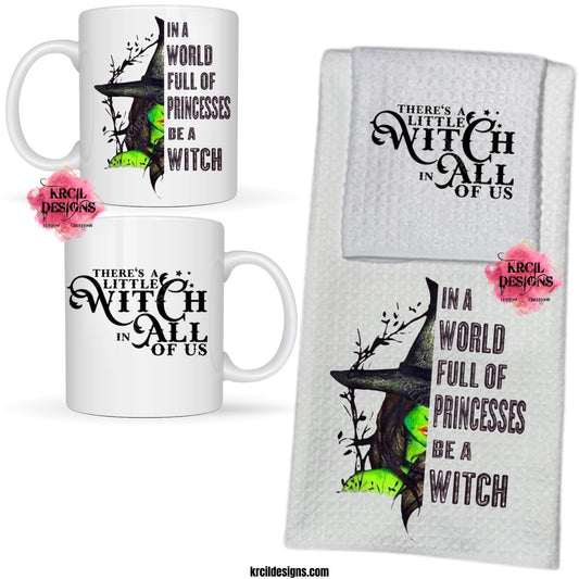 Halloween Coffee Mugs and Kitchen Towels by Krcil Designs Princess Witch "In A World Full Of Princesses Be A Witch" Spice up your kitchen with our waffle weave dish cloth and dish towel sets, perfectly paired with our coffee mugs. Personalize It - add name, monograms. Explore our sets and bundles options for gift ideas. Shop Coffee Mugs at KrcilDesigns.com