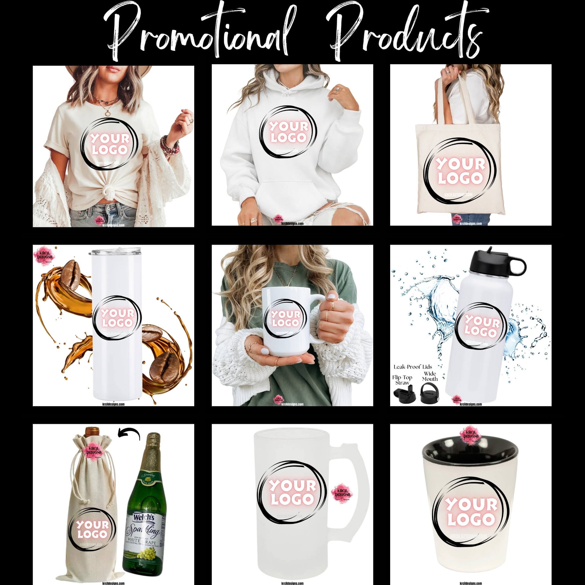Promotional Products by Krcil Designs | Company Logo | Business Logo | Our logo merch is the ultimate in promotional gifts with logo! Our logo products—logo t-shirts—logo tote bags—logo coffee cups—logo mugs—logo water bottles—logo tumblers—logo wine bags—logo beer mugs—logo shot glasses. Shop Business Promotional Products at KrcilDesigns.com