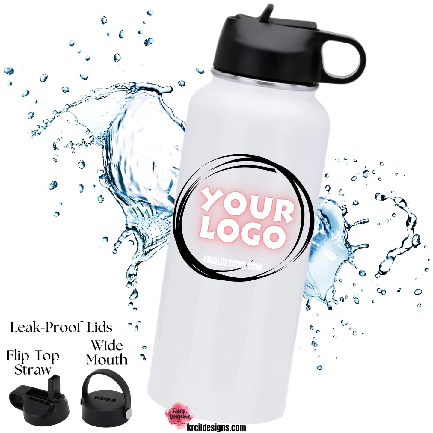 Logo Water Bottle by Krcil Designs | H2O To Go! Hydrate in style with our stainless steel water bottle—perfect for on-the-go hydration! Our hydro water bottle will impress at promotional gifts with logo, business logo water bottles, company logo water bottles! Does your business need logo merch? Checkout our water bottles with logo! Add a personal touch, add name, business slogan, company slogan, for a one-of-a-kind personalized water bottle. Shop Business Promotional Products at KrcilDesigns.com