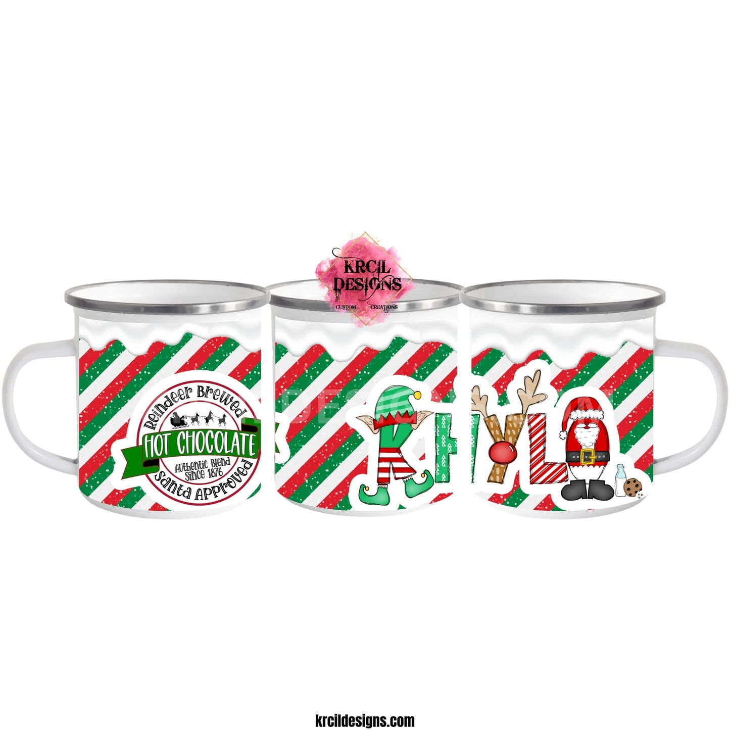 Personalized Christmas Mugs by KrcilDesigns.com | Graphic design on a camp mug, text reads: "Santa Approved Reindeer Brewed Hot Chocolate" features your name, in name style option: "Santa & Elf" where the designs of the letters are different festive Christmas patterns. The playful letters adorned with Santa, His Elf, Rudolph's Red Nose, Reindeer Antlers, and even Santa's Milk and Cookies. All set on a snowy red and green diagonal striped background with snow dripping from top of mug.