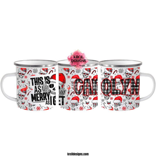 This Is As MERRY As I GET Skull Personalized Christmas Mugs by Krcil Designs | Picture this: a big skull, wearing that Santa hat, giving you two middle fingers, and delivering a sassy message. This is the holiday mug for you! Shop Christmas Mugs at KrcilDesigns.com