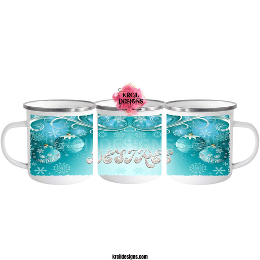 Your Name Winter Wonderland Personalized Christmas Mugs by Krcil Designs | Picture a turquoise winter wonderland, glistening ornaments, delicate snowflakes, elegant scrolls, all beautifully framing your name in silver faux glitter letters. Each sip from this mug is a journey into a wintery dream. Whether you're sipping hot cocoa, coffee, or your favorite festive brew, this mug is a reminder that the most wonderful time of the year is here! Shop Christmas Mugs at KrcilDesigns.com